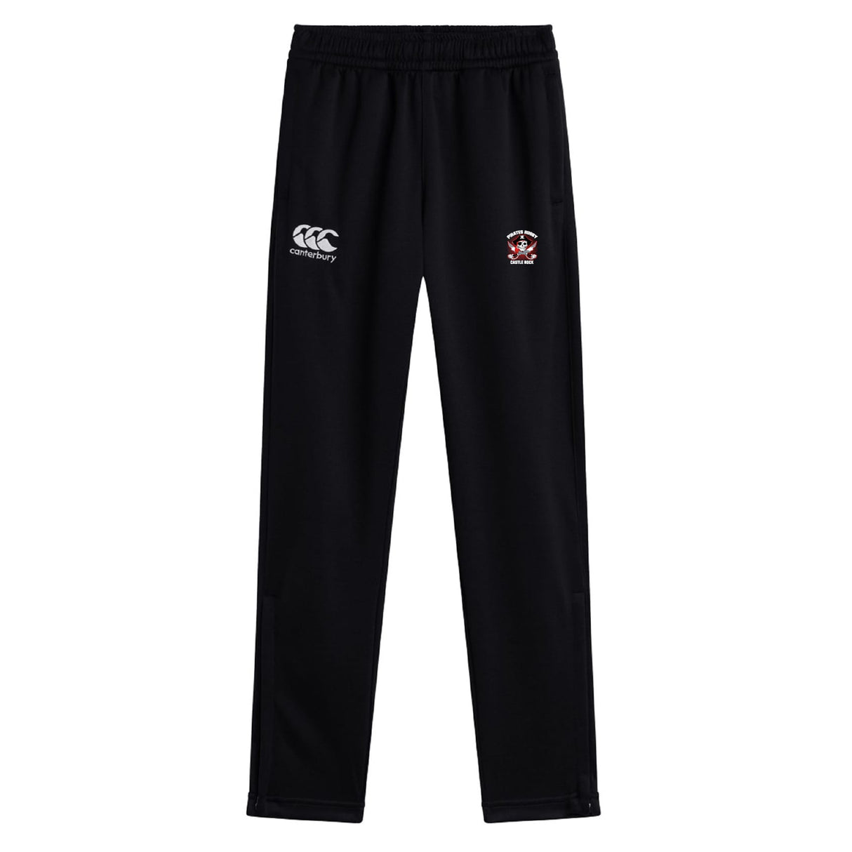 The Castle Rock Pirates Rugby Stretch Tapered Pant by EMB Canterbury features an elastic waistband, black stretch fabric, and dual front logos on the thighs—ideal men’s workout pants for comfort and movement.