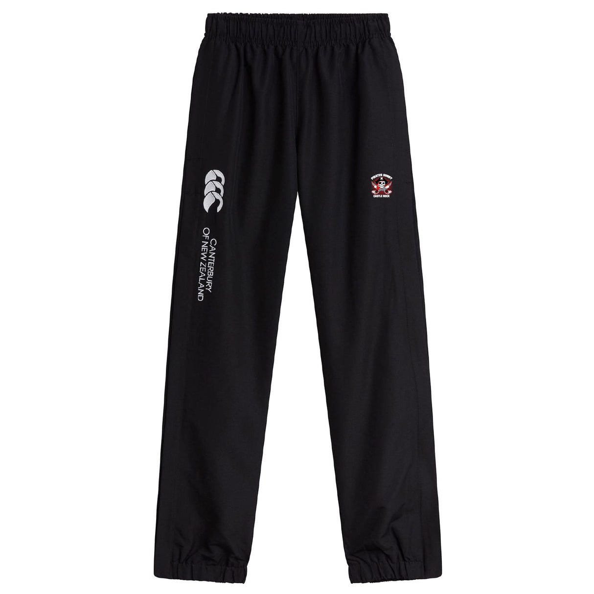 The Castle Rock Pirates Rugby Cuffed Hem Stadium Pant by EMB Canterbury features an elastic waistband, cuffed hem, white branding, and a red/white crest on the left thigh—perfect for rugby training or casual wear.