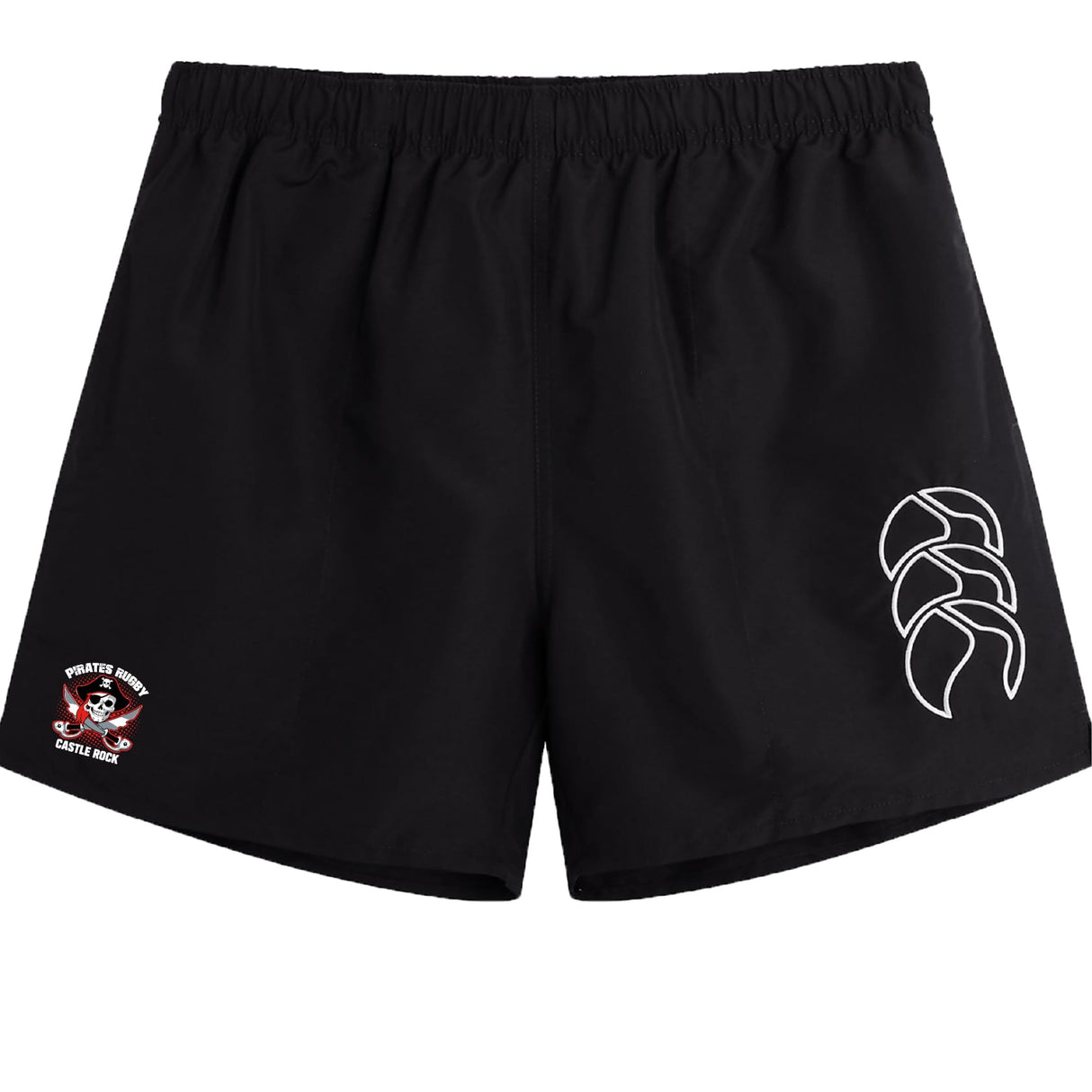 The Castle Rock Pirates Rugby Tactic Short by EMB Canterbury features a lightweight black design, elastic waistband, white abstract logo on the right leg, and a red-and-white emblem on the left—ideal men's rugby shorts for comfort and performance.