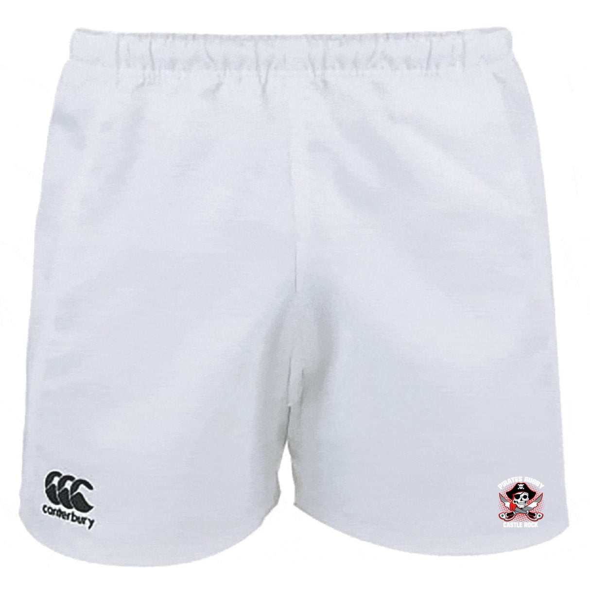 The Castle Rock Pirates Rugby Advantage Rugby Shorts by EMB Canterbury feature the iconic logo on the left leg and team crest on the right, offering moisture-wicking comfort perfect for intense rugby action.