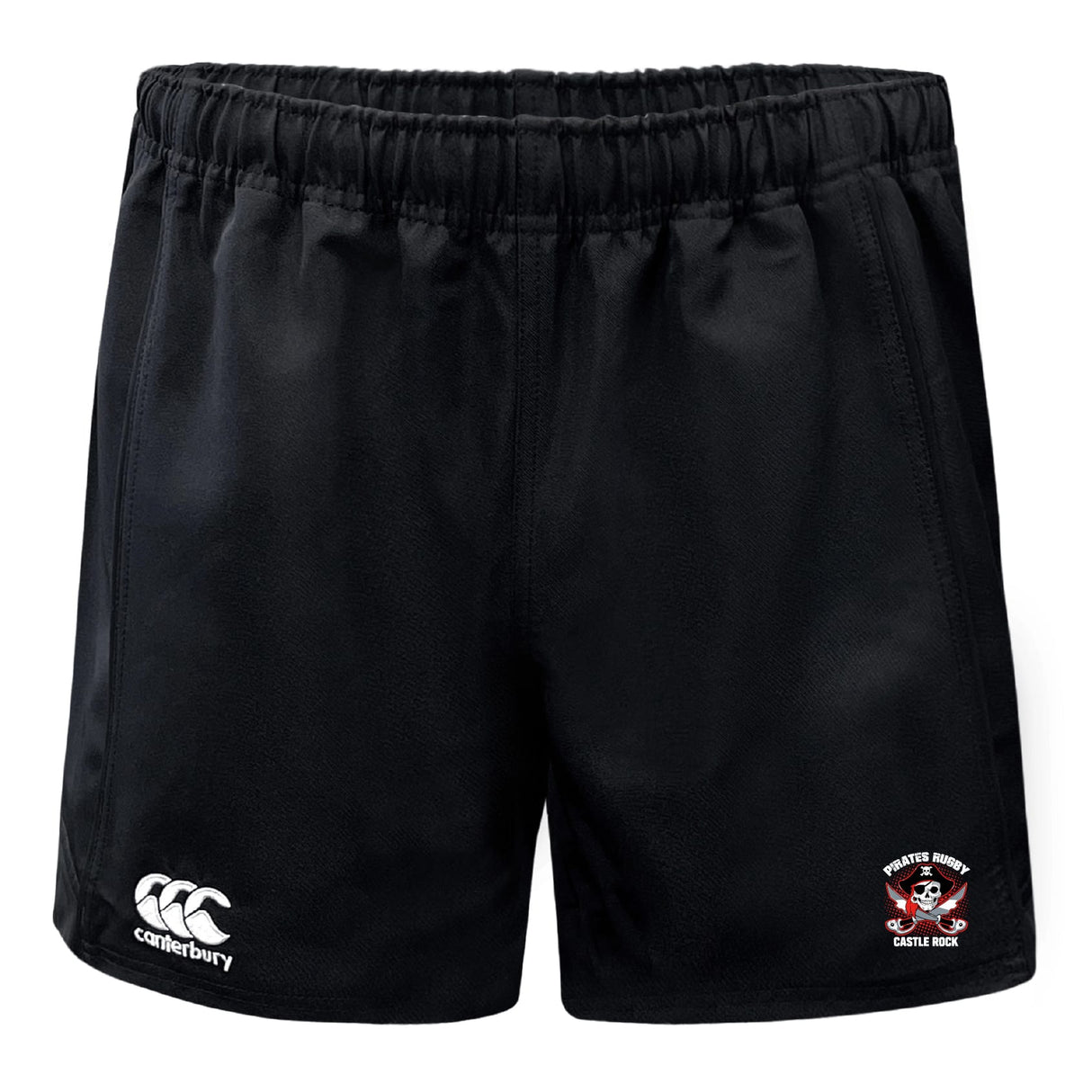 The Castle Rock Pirates Rugby Advantage Shorts by EMB Canterbury feature an elastic waistband, moisture-wicking fabric, the Canterbury logo on the left leg, and a "Pirates Rugby Castle Rock" crest on the right.
