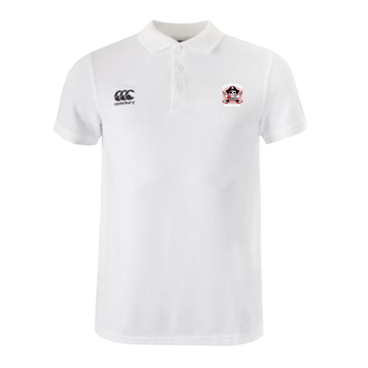 The Castle Rock Pirates Rugby Waimak Polo by EMB Canterbury features the brand logo on the right chest and a pirate-themed emblem on the left, blending classic rugby style and sporty flair.