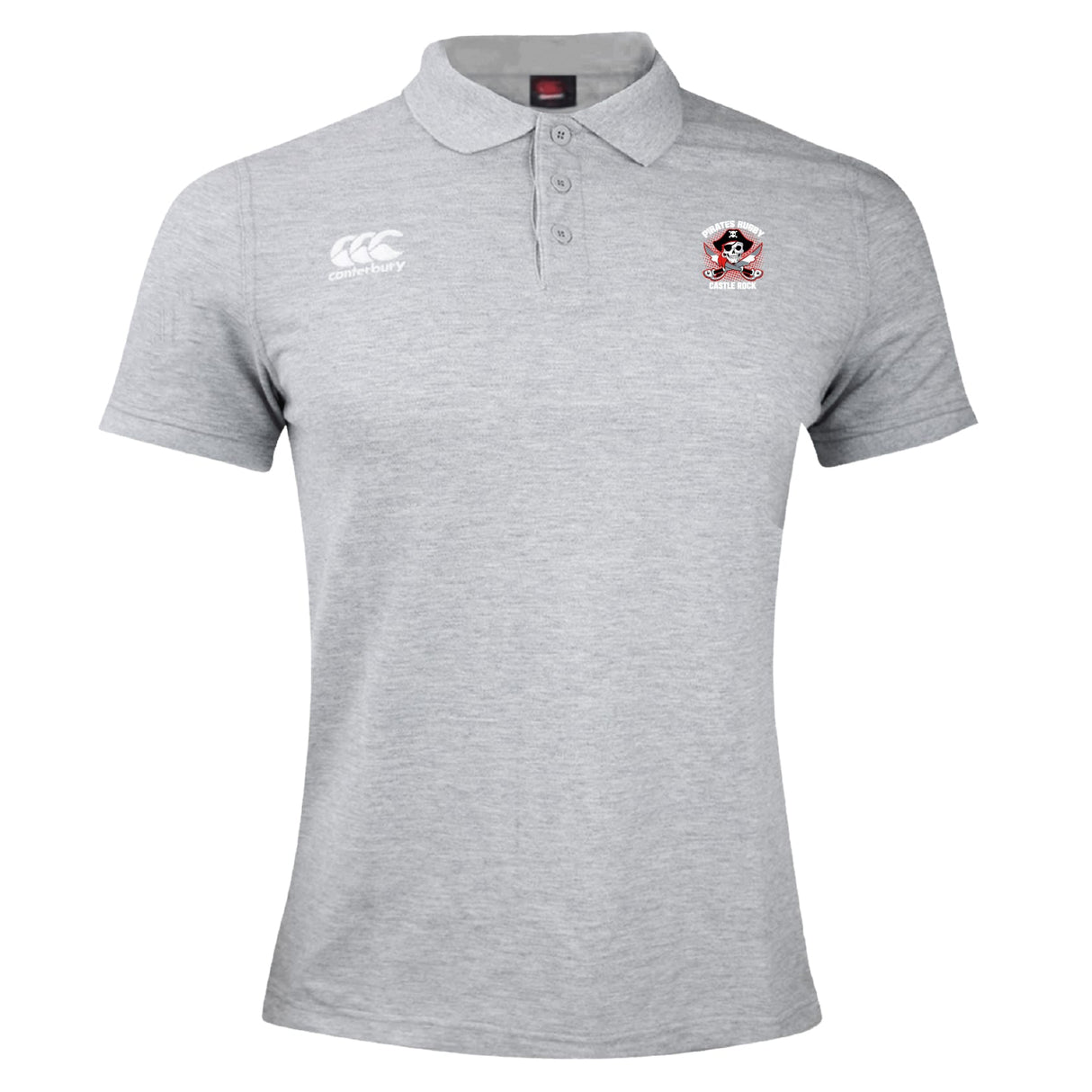 The Castle Rock Pirates Rugby Waimak Polo by EMB Canterbury is a light gray men's short-sleeve polo with a collar, three buttons, and two embroidered chest logos, including the iconic Canterbury logo, inspired by the classic CCC Waimak Rugby style.