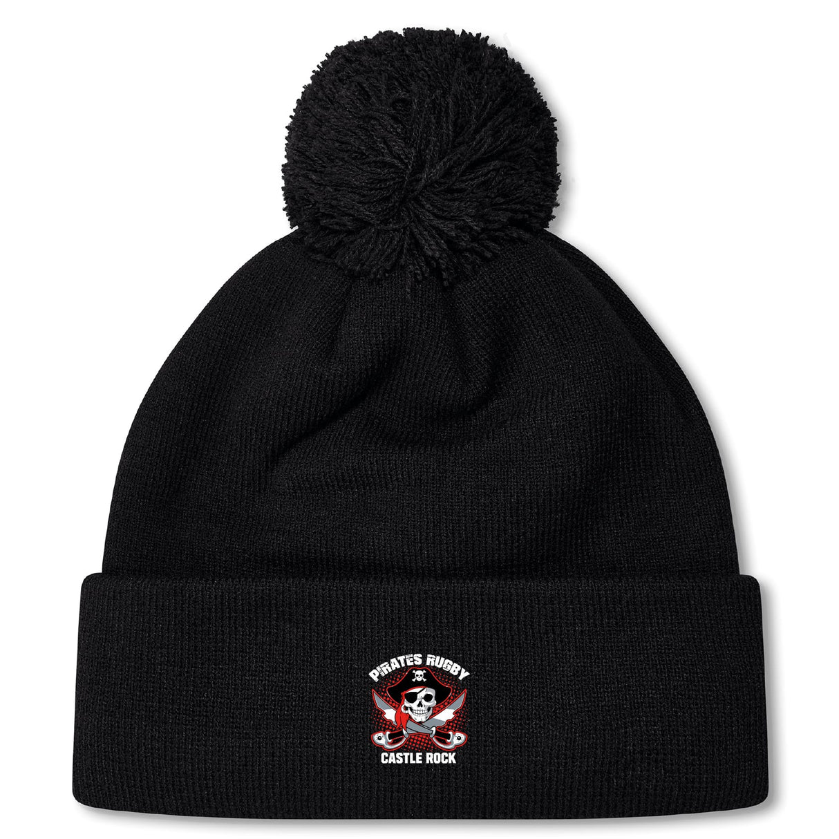 Stay warm in the Castle Rock Pirates Rugby Pom Pom Beanie by EMB Canterbury—this black knit, fleece-lined hat features a pom-pom and an embroidered “Pirates Rugby Castle Rock” skull and crossbones logo on the front cuff.