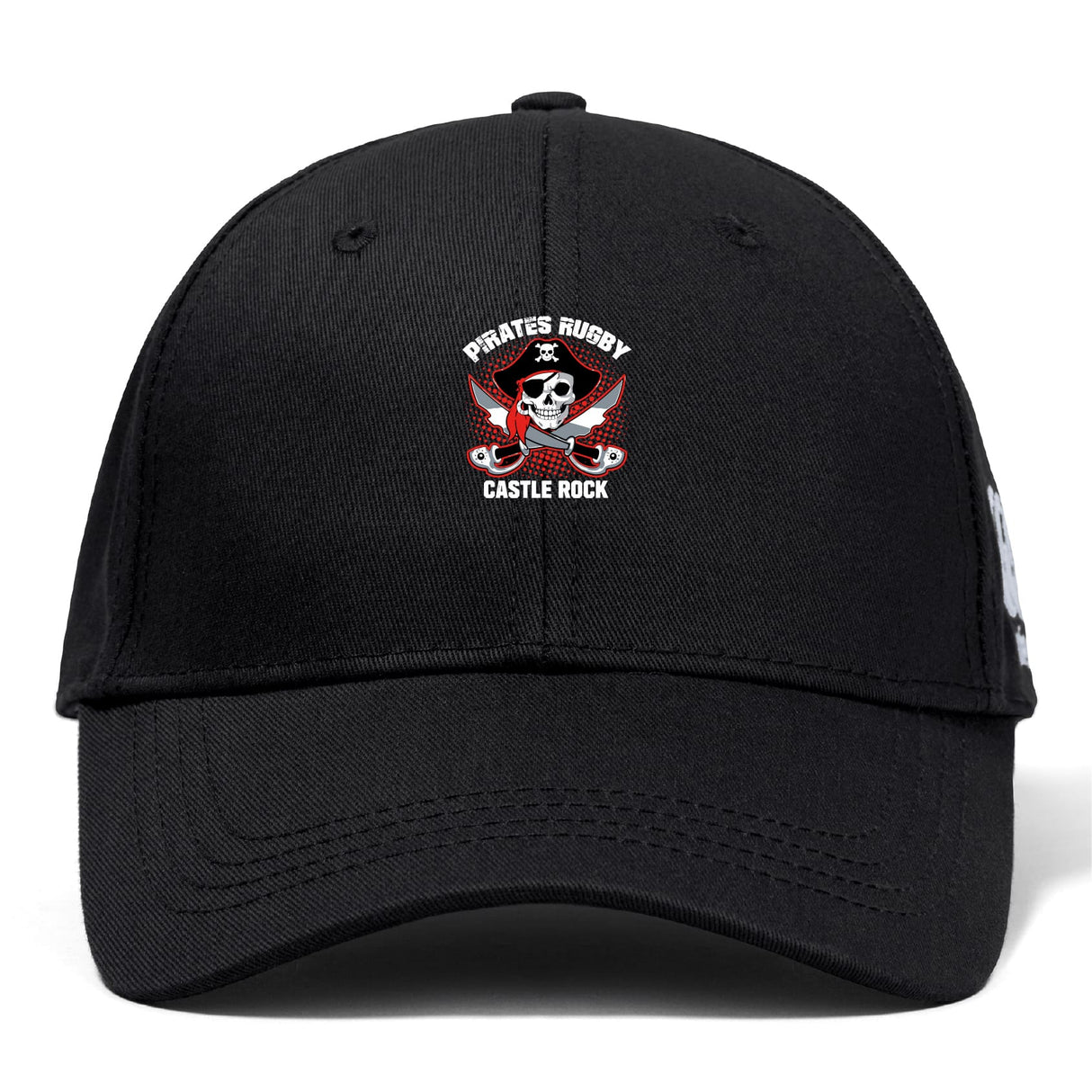 The Castle Rock Pirates Rugby Flexfit Drill Cap by EMB Canterbury features a skull and crossed rugby balls embroidered logo with red accents on the front, curved brim, and subtle CCC branding.