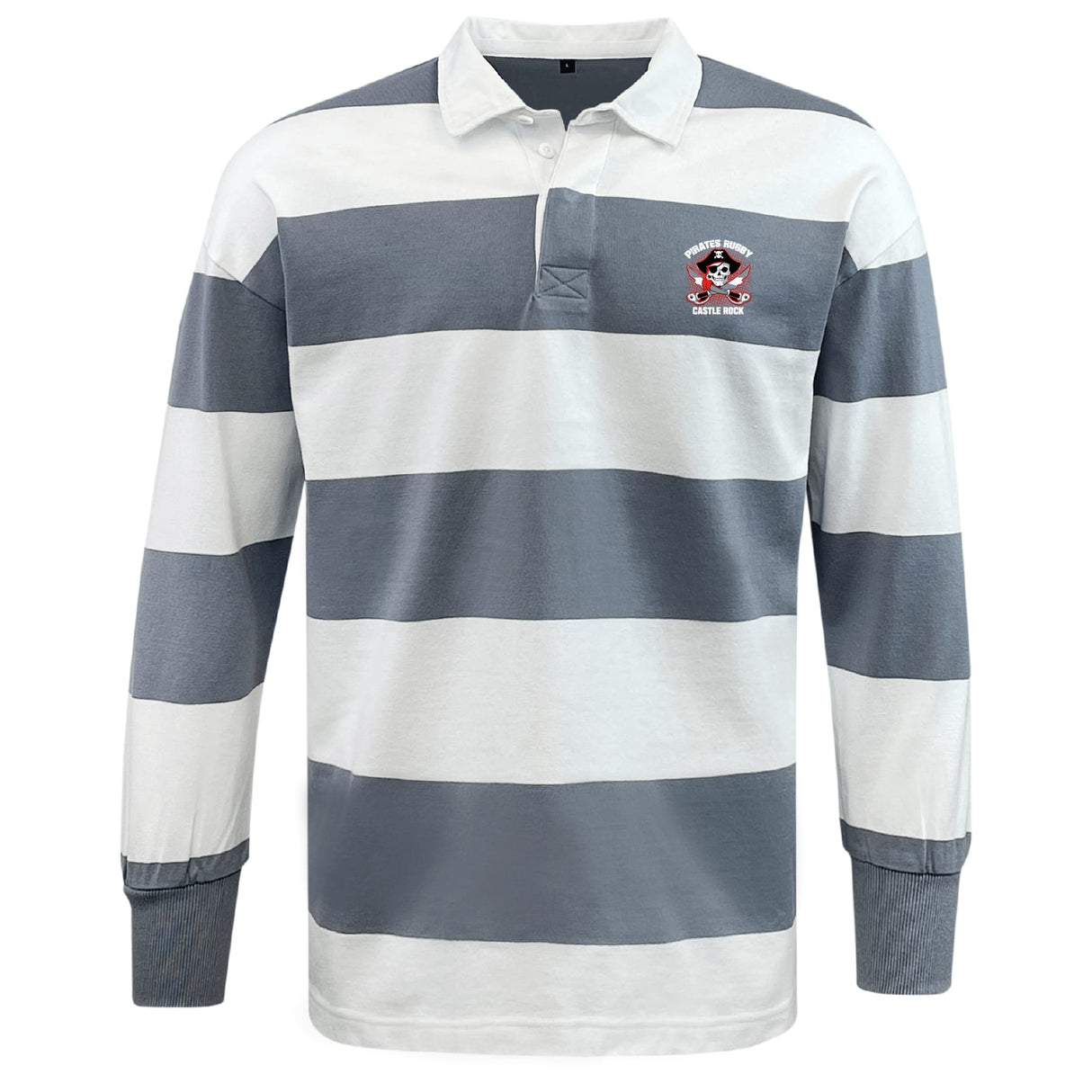 The EMB Mudoo Castle Rock Pirates Rugby Classic Long Sleeve Hooped Jersey features wide gray and white stripes with a small crest logo on the left chest, blending vintage style and comfort in a timeless rugby design.