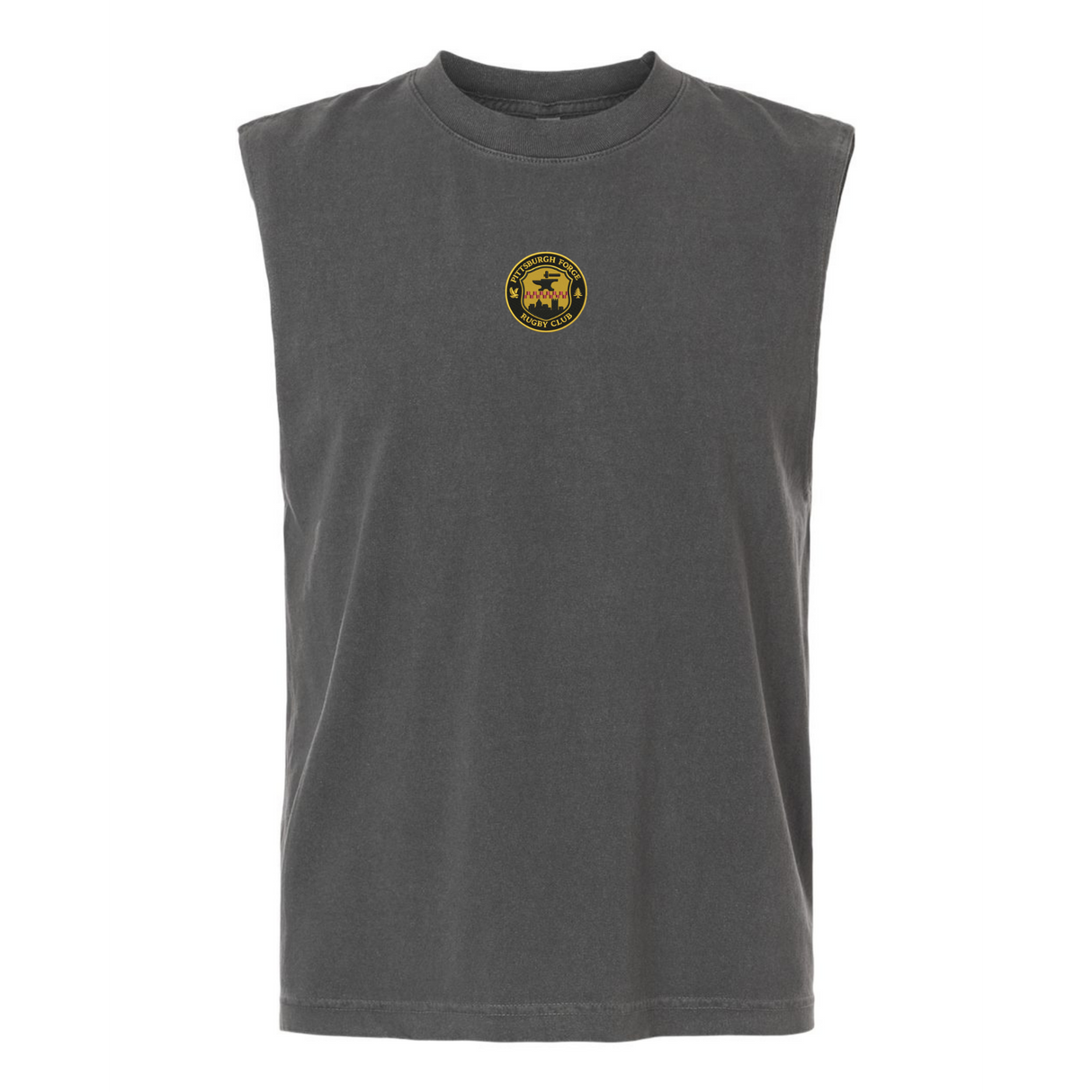 The Pittsburgh Forge Rugby Unisex Muscle Tee by EMB S&S Activewear is a sleeveless, dark gray, heavyweight cotton top featuring a small circular yellow and black "WAGIN BEEF SUPPORTER" cow logo on the chest.