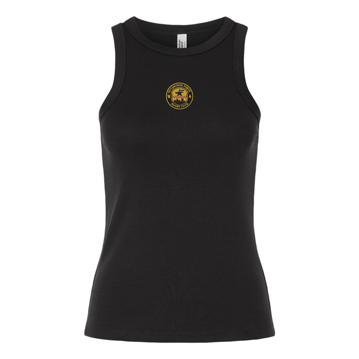 The EMB S&S Activewear Women's Pittsburgh Forge Rugby Baby Rib Tank is a black, sleeveless top featuring a small round yellow and black bull's head Pittsburgh Forge emblem on the upper chest.