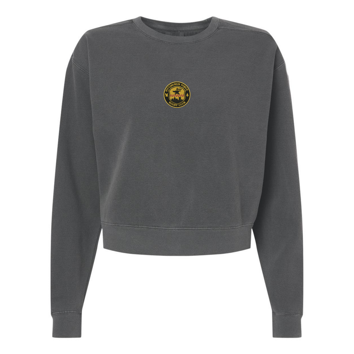 The EMB S&S Activewear Women's Pittsburgh Forge Rugby Mid-Length Crewneck Sweatshirt is a dark gray top with a small yellow circular logo and graphic on the upper chest, inspired by classic rugby styles.