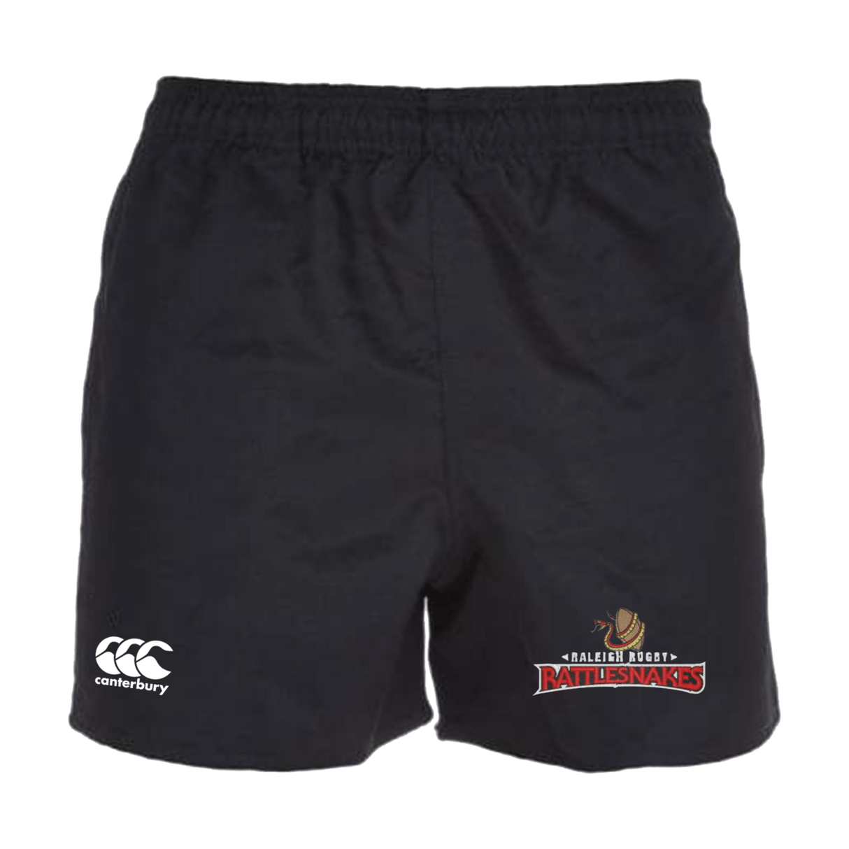 A pair of black Raleigh Rattlesnakes Rugby Professional Polyester Shorts by EMB Canterbury.