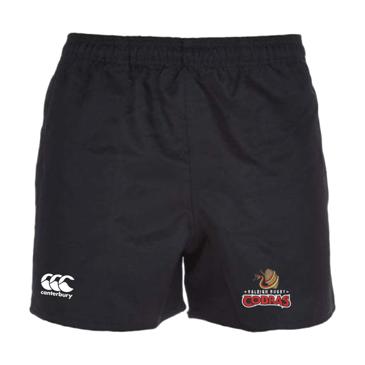A black Raleigh Cobras Rugby Professional Polyester Short by EMB Canterbury with the Raleigh Cobras logo on it, made of polyester fabric.