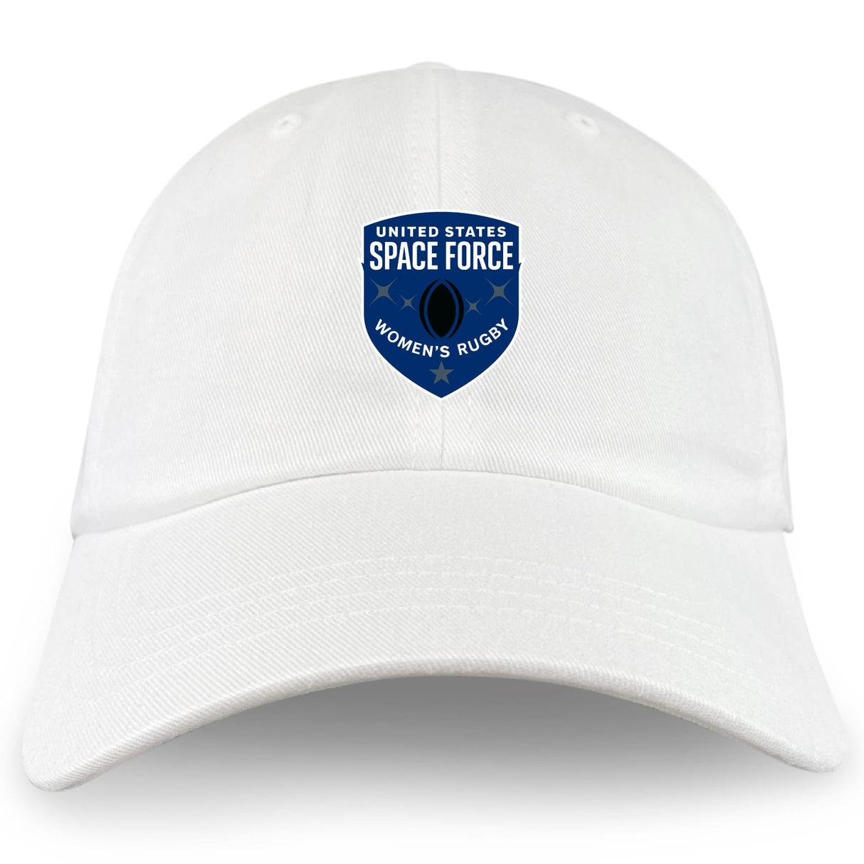 The EMB S&S Activewear US Space Force Women's Rugby Adult Low-Profile Cotton Twill Dad Cap features a white design with blue embroidered team branding on the front.