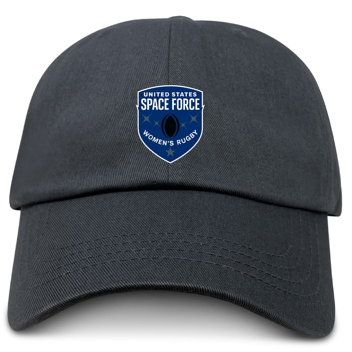 The US Space Force Women's Rugby Adult Low-Profile Cotton Twill Dad Cap by EMB S&S Activewear is a black cap with embroidered "United States Space Force Women's Rugby" team branding on the front.