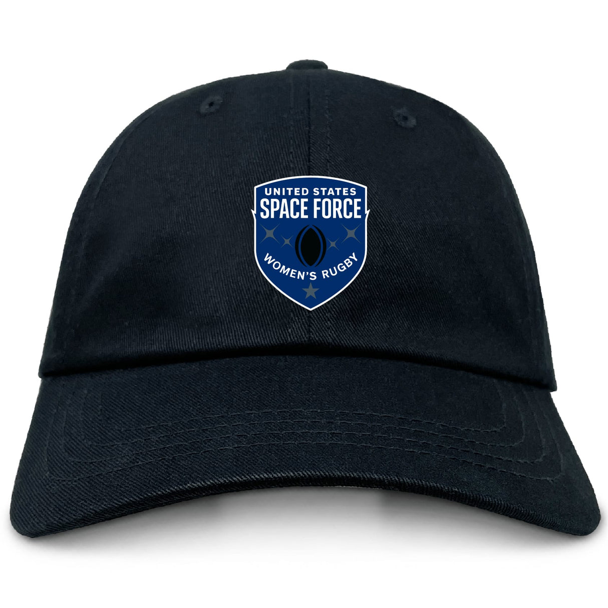 The EMB S&S Activewear US Space Force Women's Rugby Adult Low-Profile Cotton Twill Dad Cap is black with an embroidered blue and white "United States Space Force Women's Rugby" logo on the front.