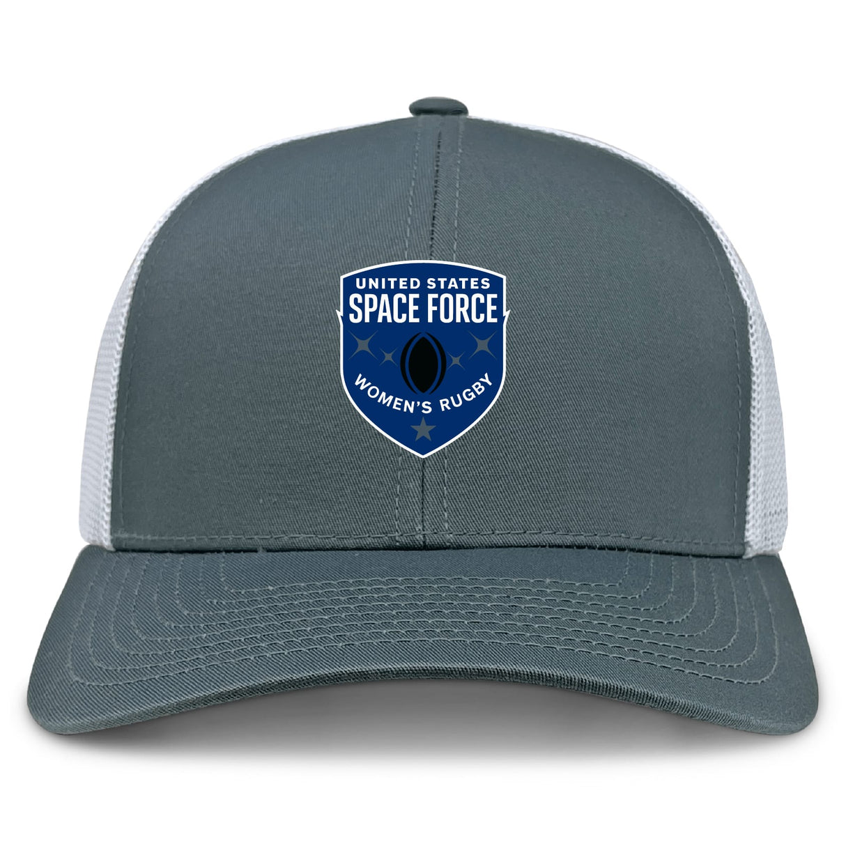 The EMB S&S Activewear US Space Force Women's Rugby Retro Trucker Cap features a gray and white design, embroidered front logo, and snapback closure.
