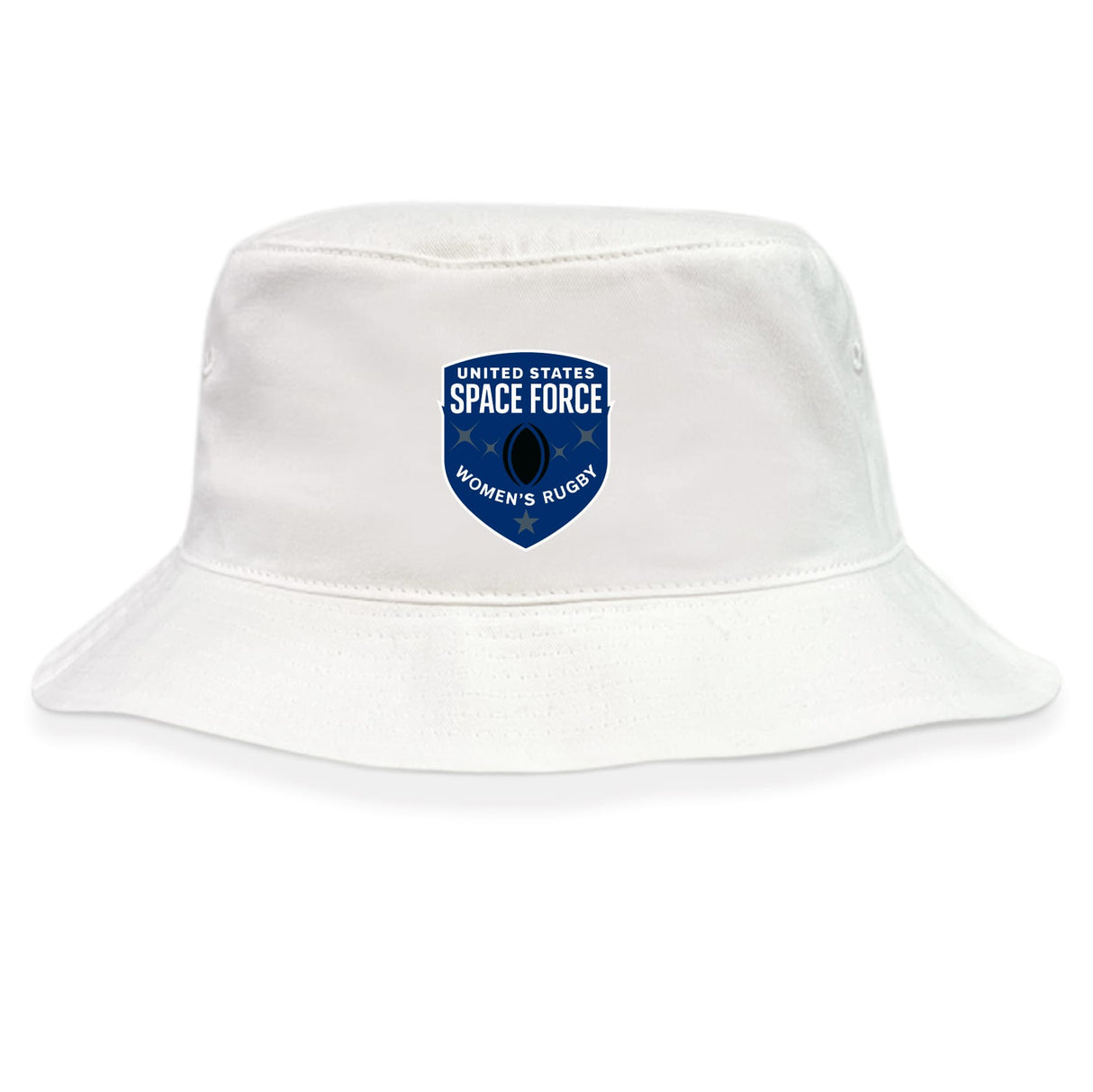 The EMB S&S Activewear US Space Force Women's Rugby Crusher Bucket Cap is a white cotton twill hat with a blue rugby logo and stars on the front, providing excellent sun protection.