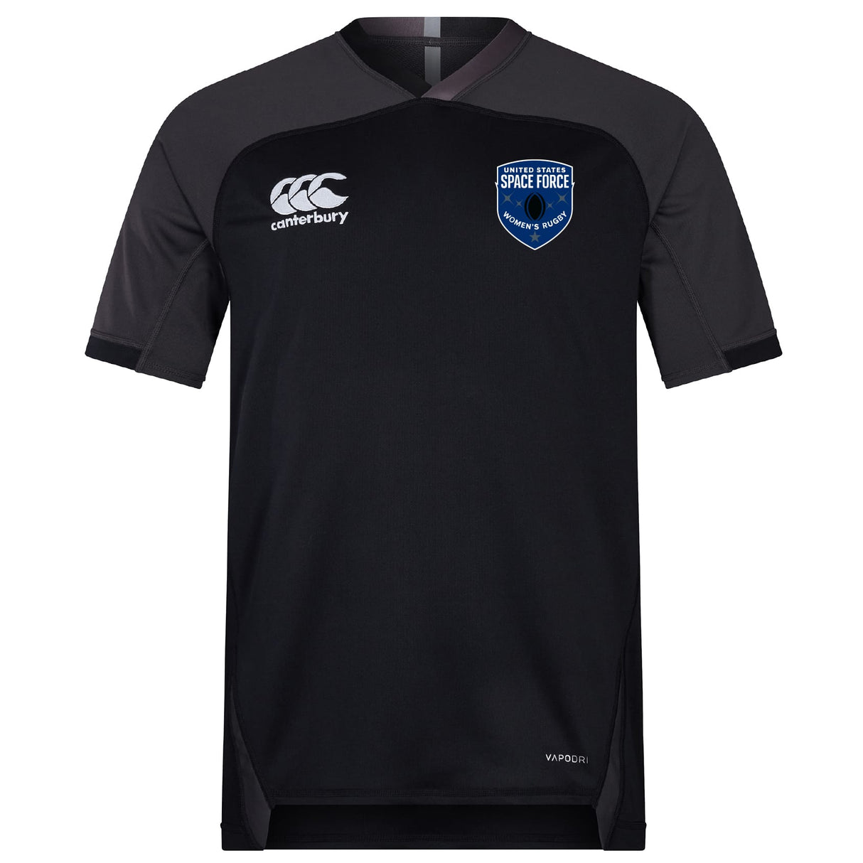 The US Space Force Women's Rugby Vapodri Evader Jersey by EMB Canterbury is a black short-sleeve top featuring moisture-wicking Vapodri tech, a white Canterbury logo on the right chest, and a blue Space Force Commander's Rugby badge on the left.
