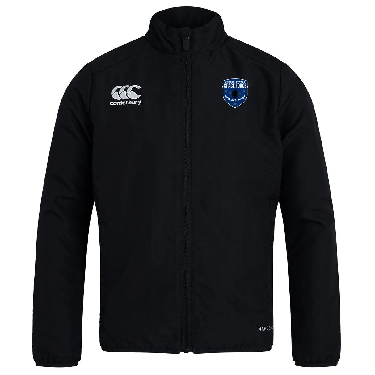 The EMB Canterbury US Space Force Women's Rugby Club Track Jacket features the Canterbury logo on the right chest and a blue shield Space Force badge on the left, perfect for club wear.