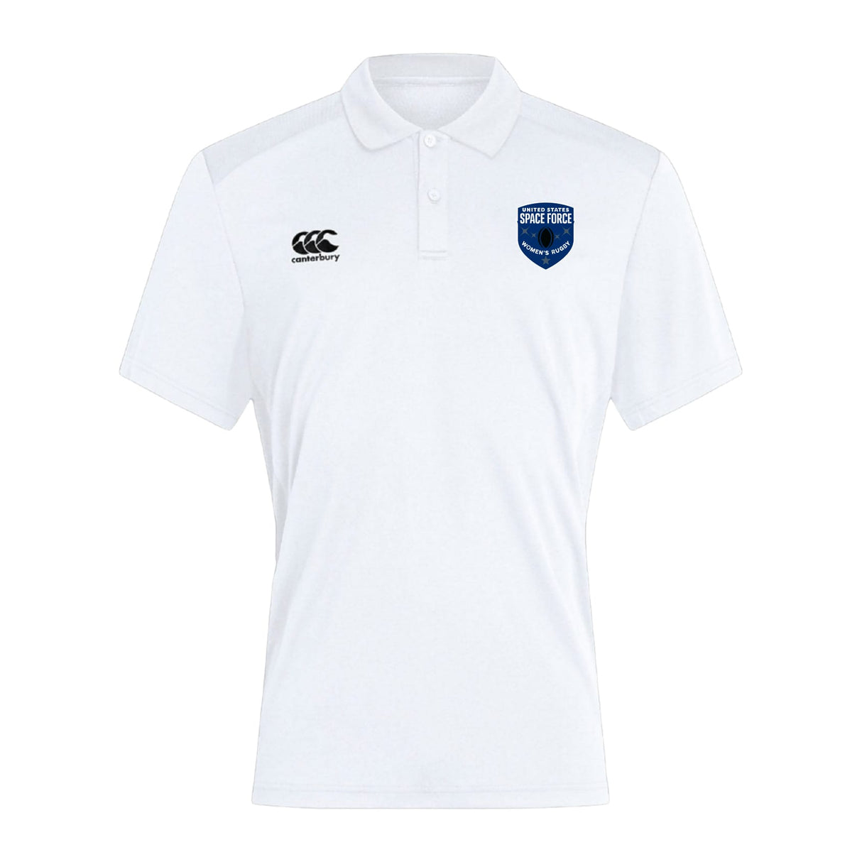 The EMB Canterbury US Space Force Women's Rugby Club Dry Polo is a white short-sleeve polo with Vapodri Technology, featuring the "Canterbury" logo on the right chest and a blue "Space Force Rugby Union" badge on the left.