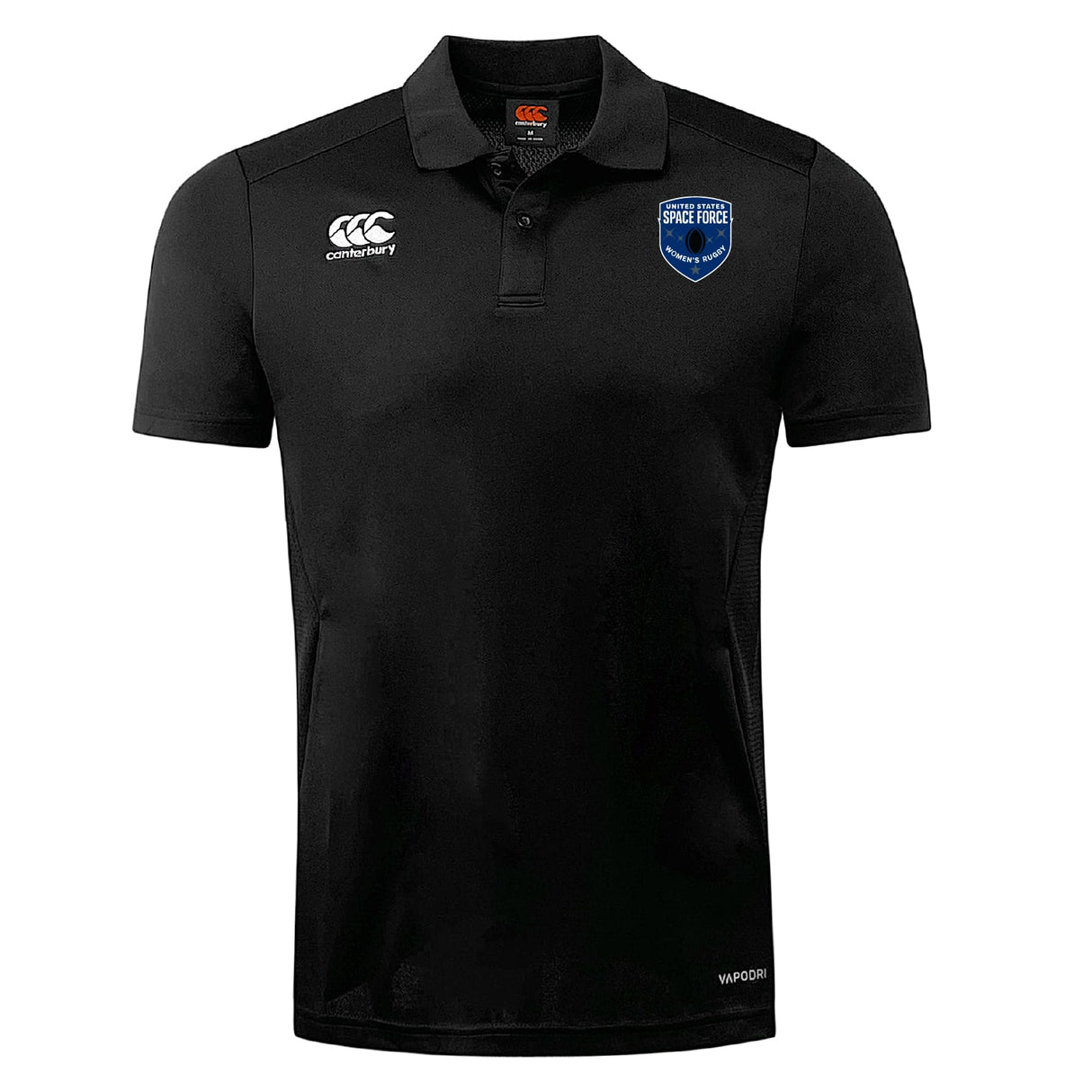 The US Space Force Women's Rugby Club Dry Polo by EMB Canterbury is a black short-sleeve, collared polo featuring a white Canterbury logo and blue US Space Force emblem, made with breathable Vapodri Technology for comfort.