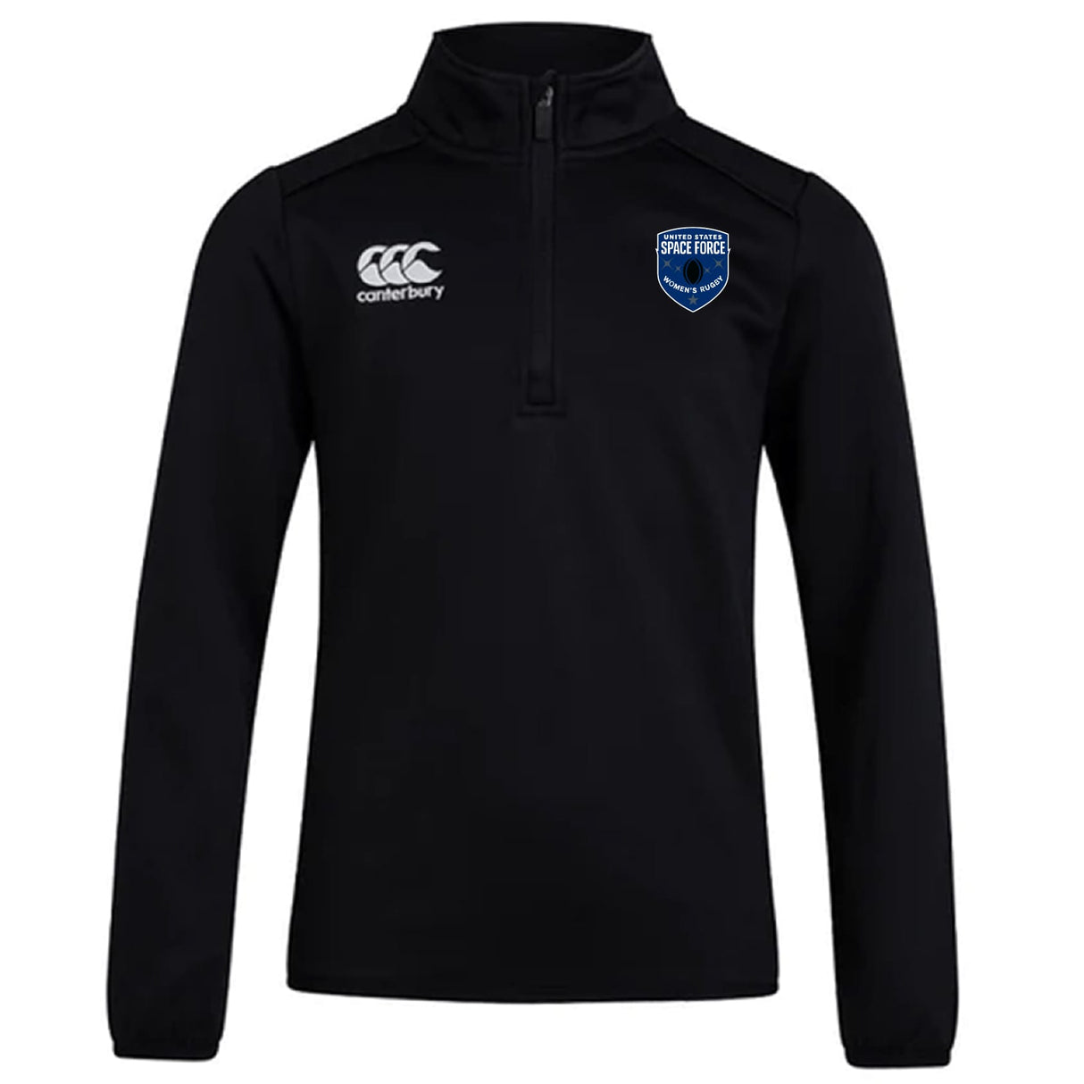 The US Space Force Women's Rugby Club 1/4 Zip Mid Layer Training Top by EMB Canterbury features long sleeves, a black design, the Canterbury logo on the right chest, and a blue Space Force badge on the left—ideal for rugby training.