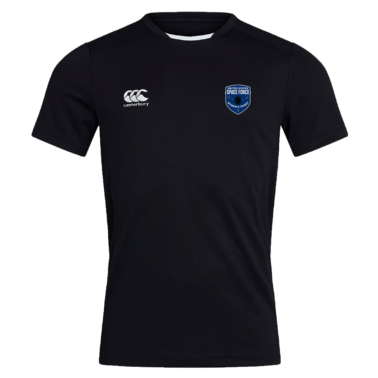 The US Space Force Women's Rugby Club Dry Tee by EMB Canterbury features a black design with a blue Space Force shield patch and Canterbury logo, made with Vapodri Technology for a breathable, athletic fit.