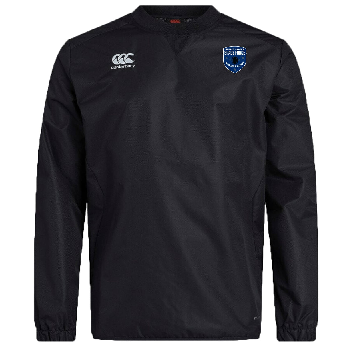 The US Space Force Women's Rugby Club Vaposhield Contact Top by EMB Canterbury is a black long-sleeve top with Vaposhield tech, a Canterbury logo on the right chest, and a blue Space Force badge on the left chest.