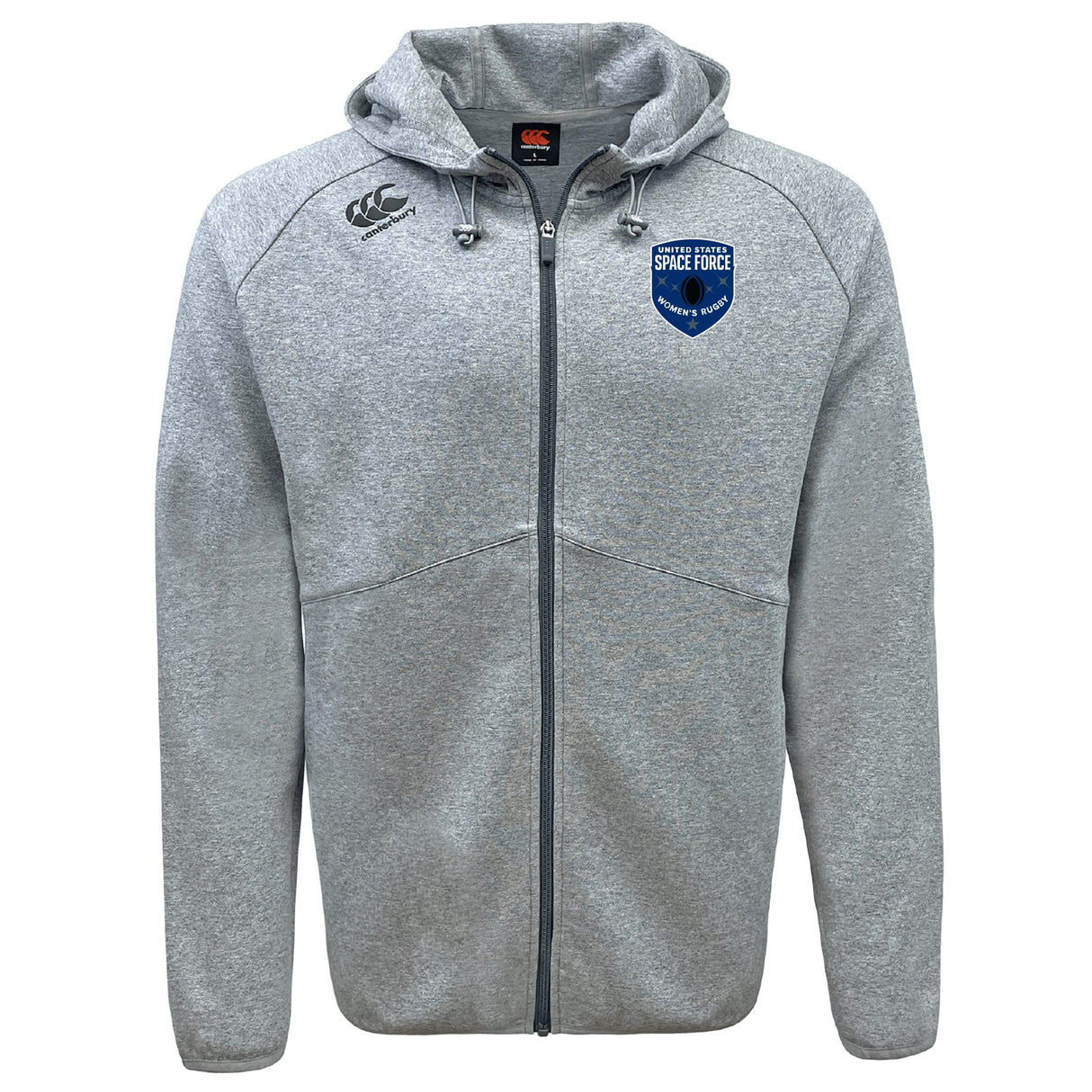 The US Space Force Women’s Rugby Tempo Vapodri Full-Zip Hoodie by EMB Canterbury features a light gray design with hood, drawstrings, two chest logos including the US Space Force emblem, and moisture-wicking comfort.