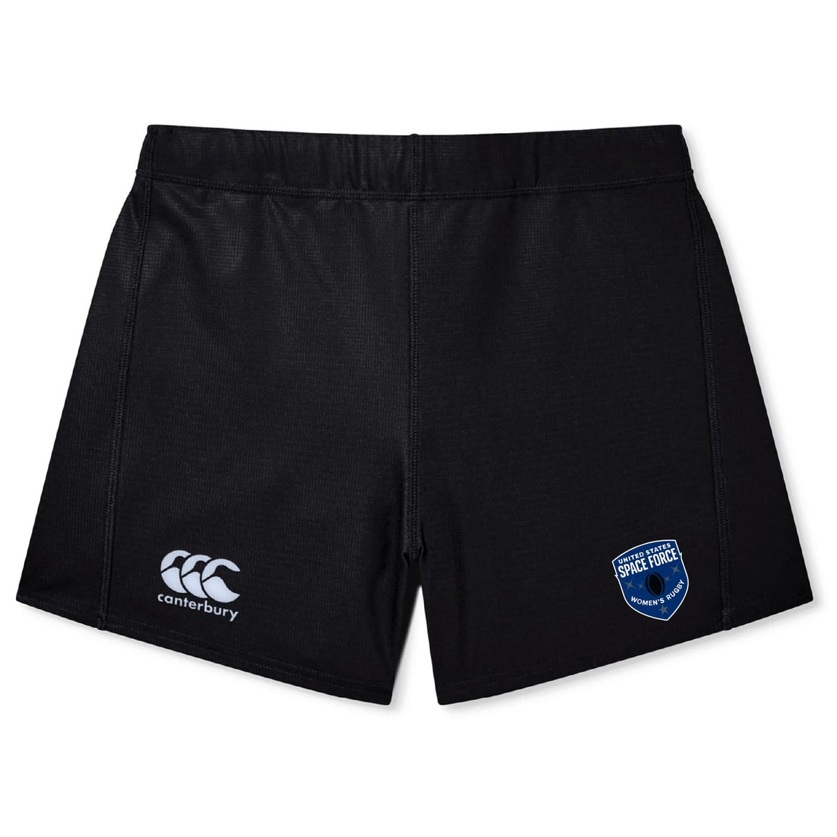 The US Space Force Women's Rugby Yokohama Short by EMB Canterbury features a white Canterbury rugby logo on the left leg and a blue-and-white Space Force patch on the right.