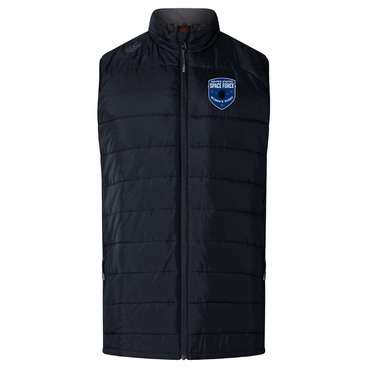 The EMB Canterbury US Space Force Women's Rugby Elite Microlite Gilet is a black, sleeveless insulated vest featuring a front zipper and blue Space Force logo on the upper left chest for warmth and style.
