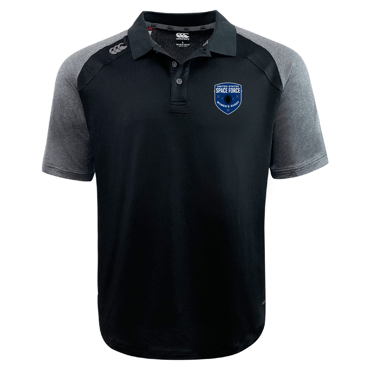 The US Space Force Women's Rugby Elite Polo by EMB Canterbury is a black and gray polo custom made with Vapodri fabric, featuring the United States Space Force logo on the left chest.