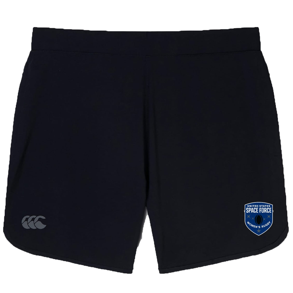 The US Space Force Women's Rugby Elite Woven Short by Canterbury, from EMB Canterbury, is a black pair of gym shorts featuring the Space Force Women’s Rugby logo, Canterbury branding, and zippered pockets.