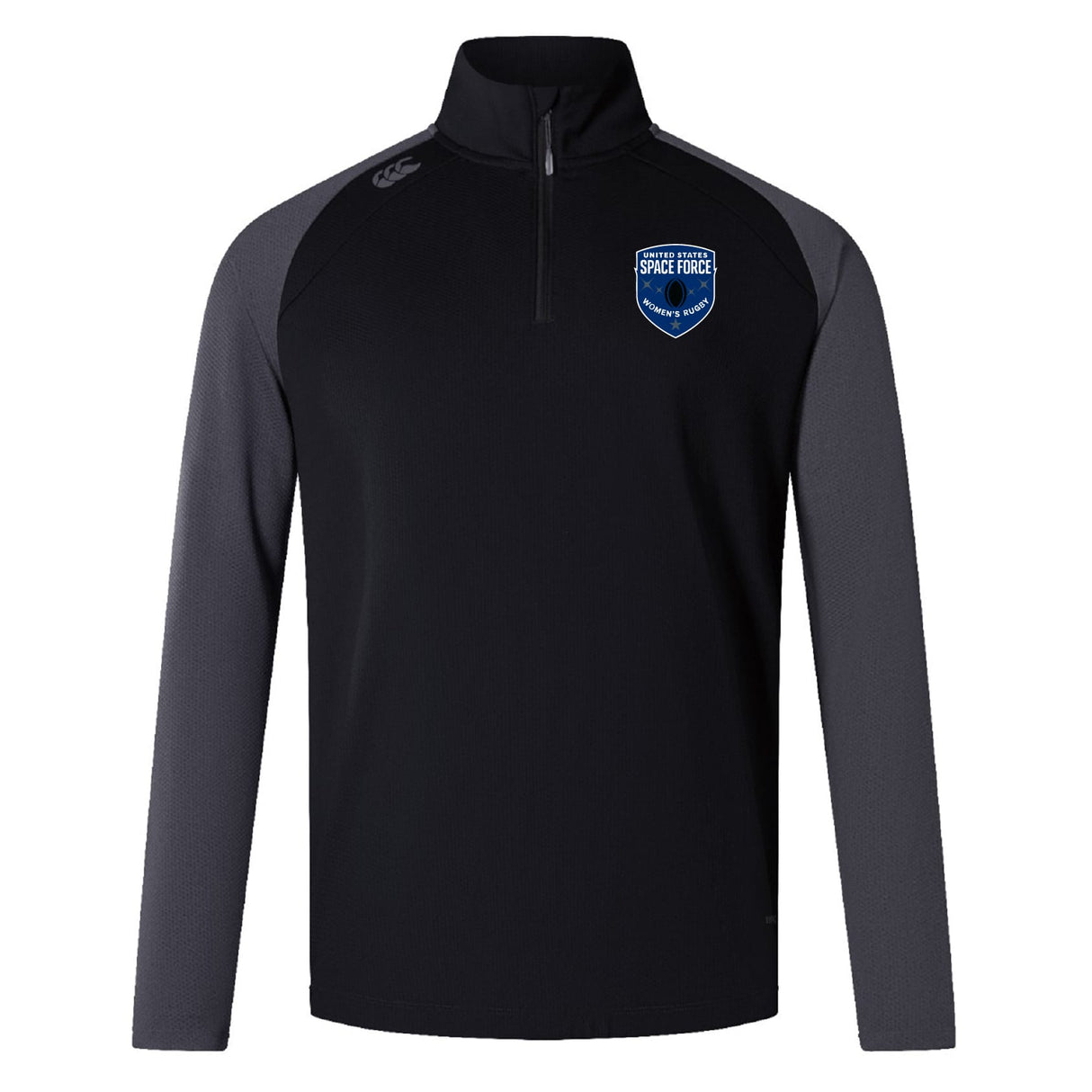 The EMB Canterbury US Space Force Women's Rugby Elite First Layer is a black and gray long-sleeve quarter-zip pullover with quick-drying VapoDri tech and a blue US Space Force logo on the left chest, inspired by rugby training tops.