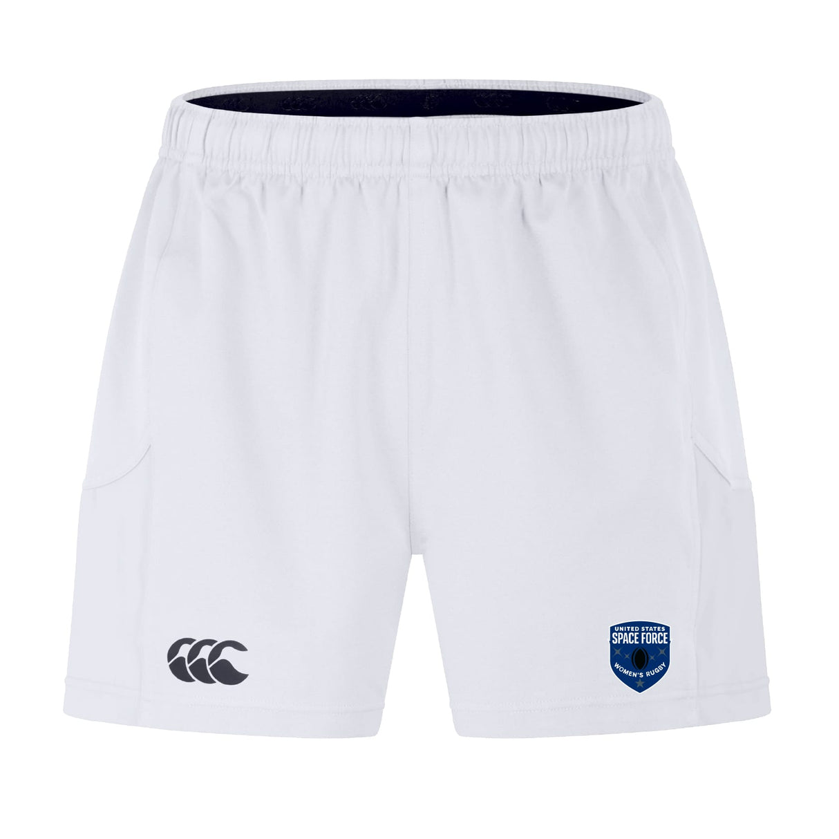 The EMB Canterbury US Space Force Women's Rugby Advantage Short 2.0 features an elastic waistband, two side pockets, a Canterbury logo on the left leg, and a Space Force Academy badge on the right.