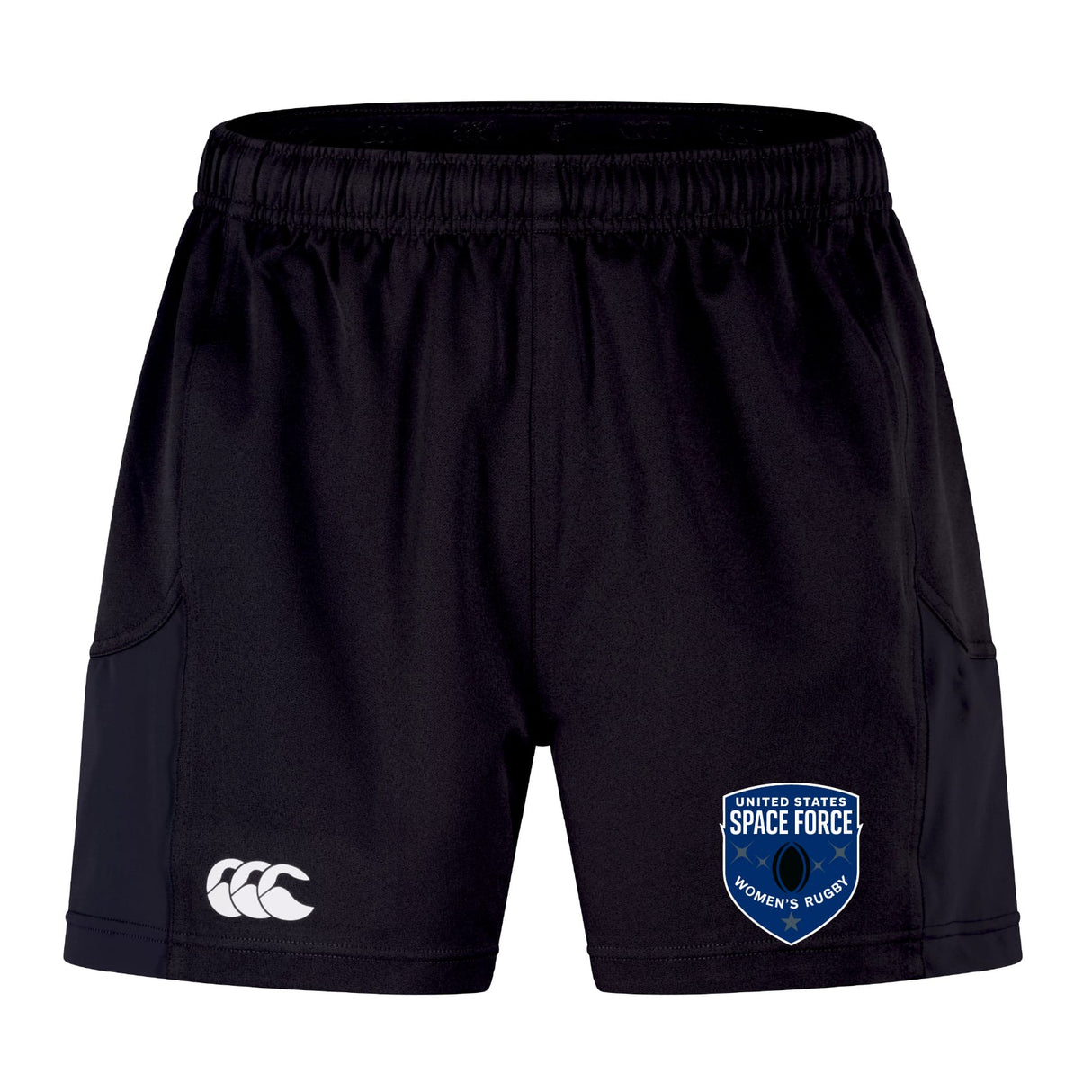 The EMB Canterbury US Space Force Women's Rugby Advantage Short 2.0 features the Canterbury logo on the left leg and a Space Force Women's Rugby badge on the right leg.
