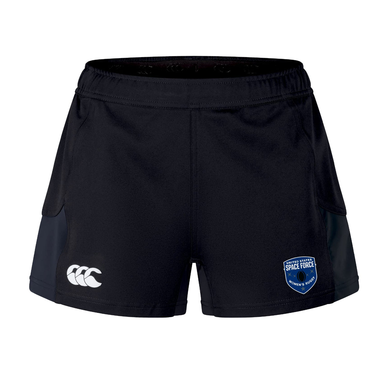 The EMB Canterbury US Space Force Women's Rugby Advantage Short 2.0 features black fabric, a white Canterbury logo on the left leg, a blue US Space Force emblem on the right, and is made with recycled materials for sustainability.