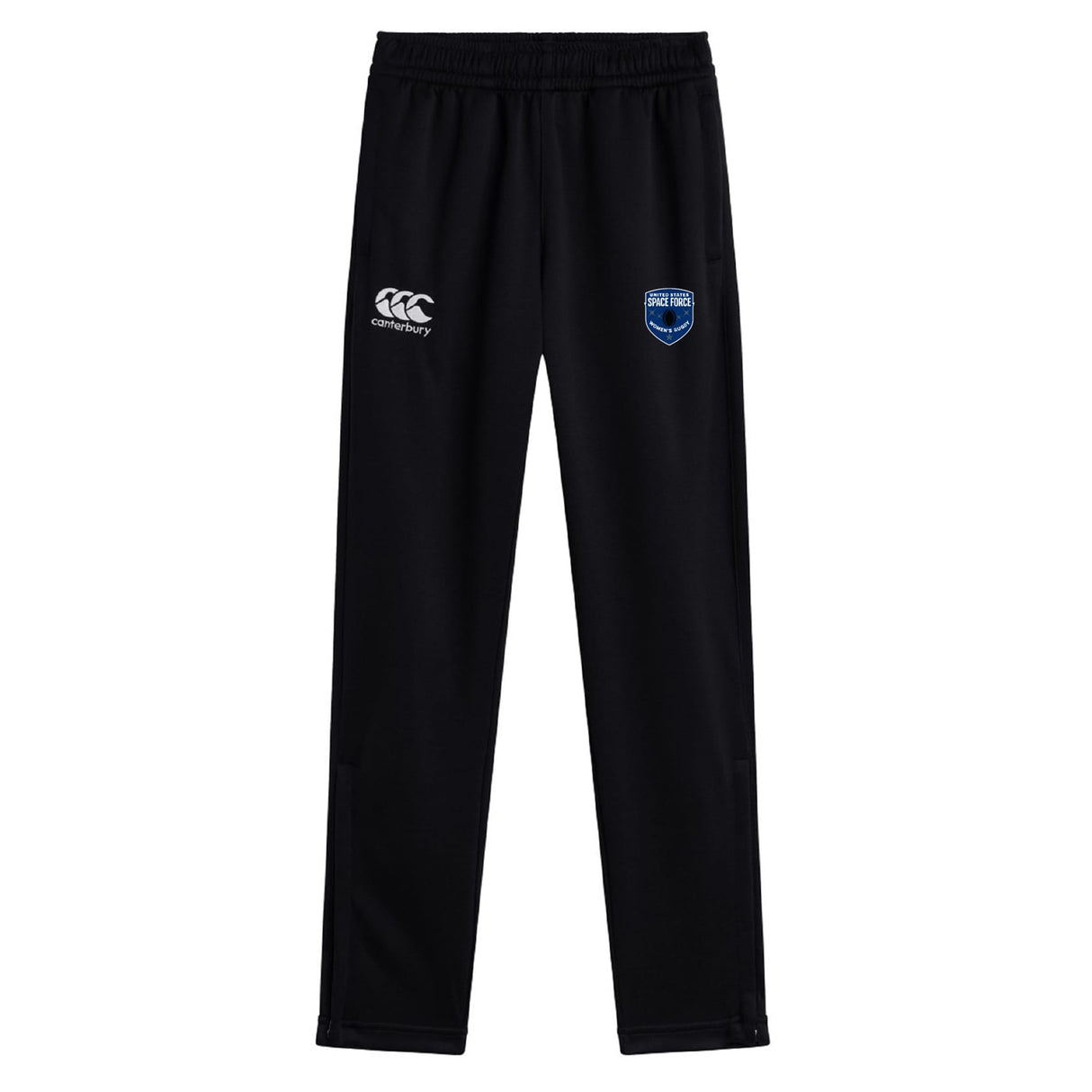 The US Space Force Women's Rugby Stretch Tapered Pant by EMB Canterbury features an elastic waistband, white Canterbury logo, blue shield emblem on the upper thighs, and quick dry fabric for all-day comfort.