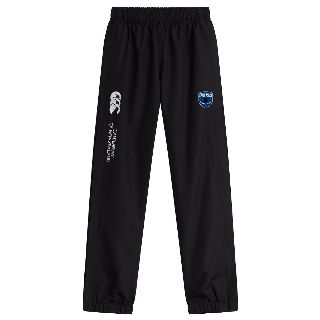 The US Space Force Women's Rugby Cuffed Hem Stadium Pant by EMB Canterbury features an elastic waistband, cuffed hems, a white Canterbury logo on one leg, and a blue Shield Rugby badge—ideal women's rugby pants.