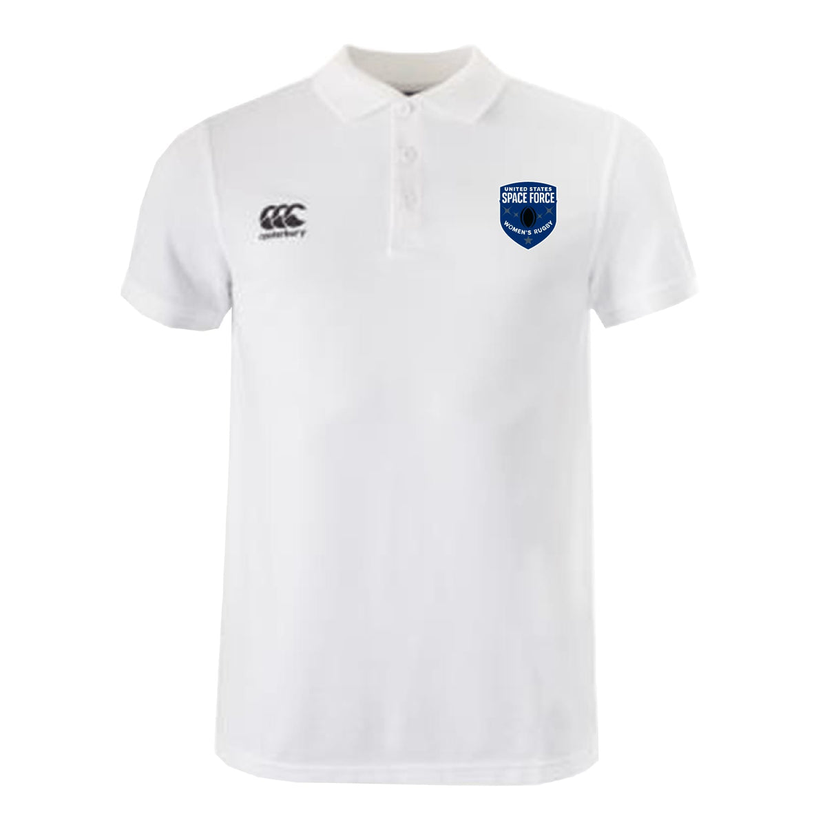 The US Space Force Women's Rugby Waimak Polo by EMB Canterbury features a white short-sleeve design, button placket, black logo on the right chest, and a blue "Space Force" crest on the left—classic rugby style for fans.