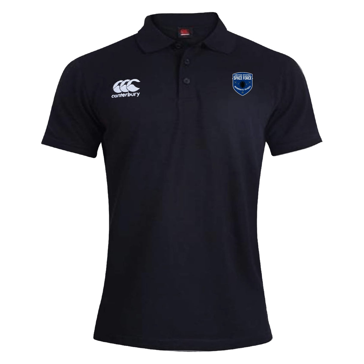 The US Space Force Women's Rugby Waimak Polo by EMB Canterbury is a black short-sleeve polo with a collar, featuring a white "Canterbury" logo and a blue shield emblem on the chest.