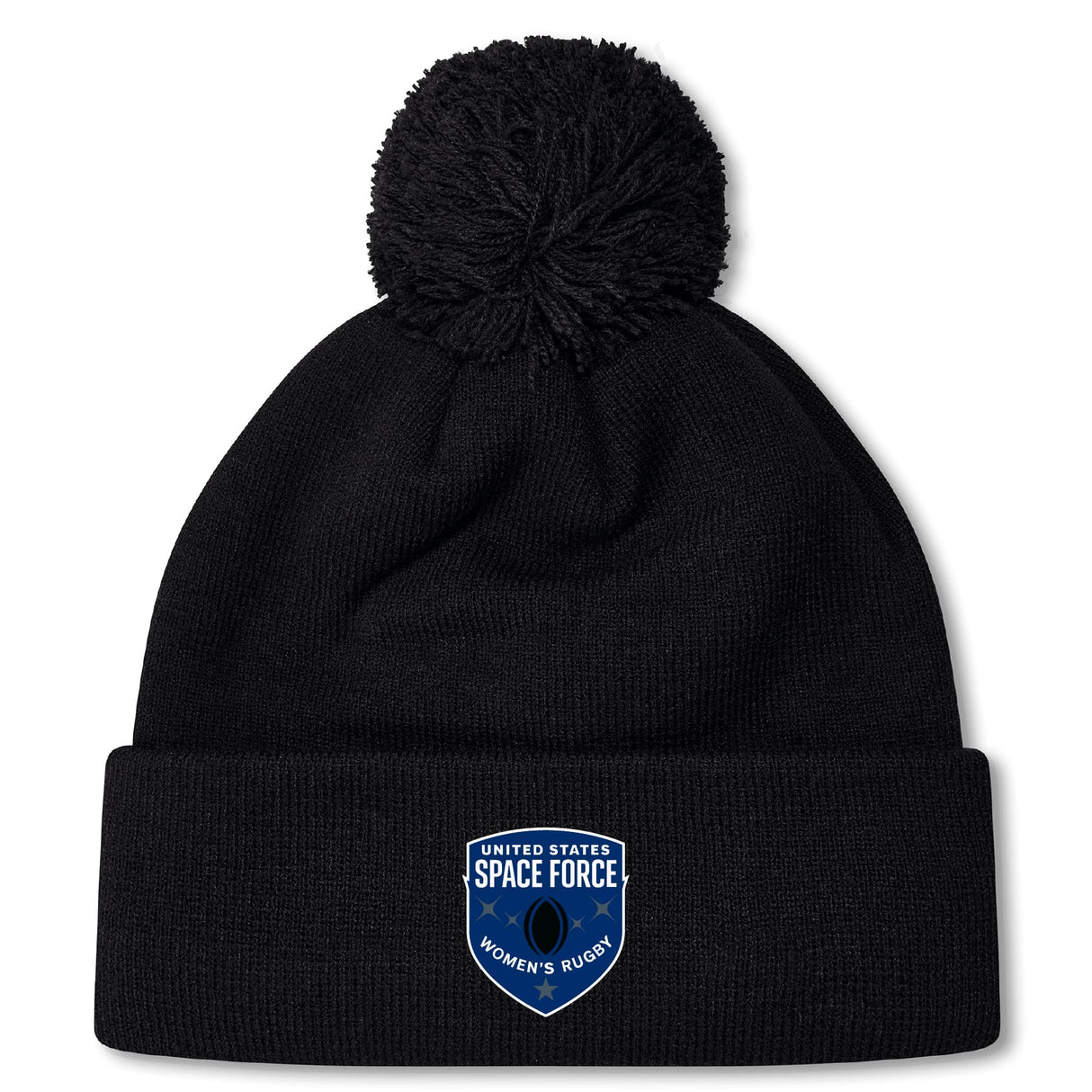 Stay warm and stylish with the US Space Force Women's Rugby Pom Pom Beanie by EMB Canterbury, featuring a black fleece lining, pom-pom, and a front patch reading "United States Space Force Women's Rugby.