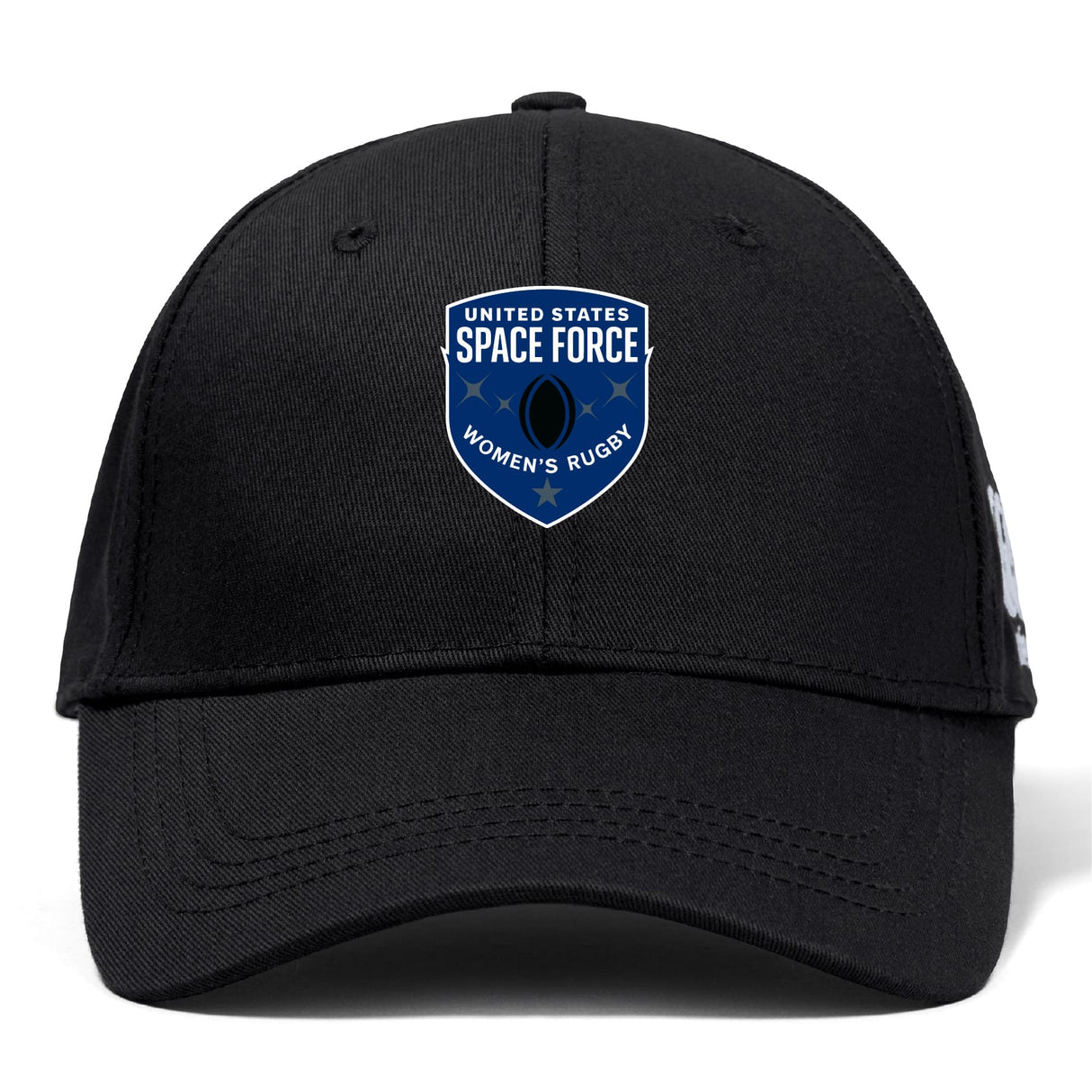 The EMB Canterbury US Space Force Women's Rugby Flexfit Drill Cap is a black cap with a blue and white team shield logo on the front.