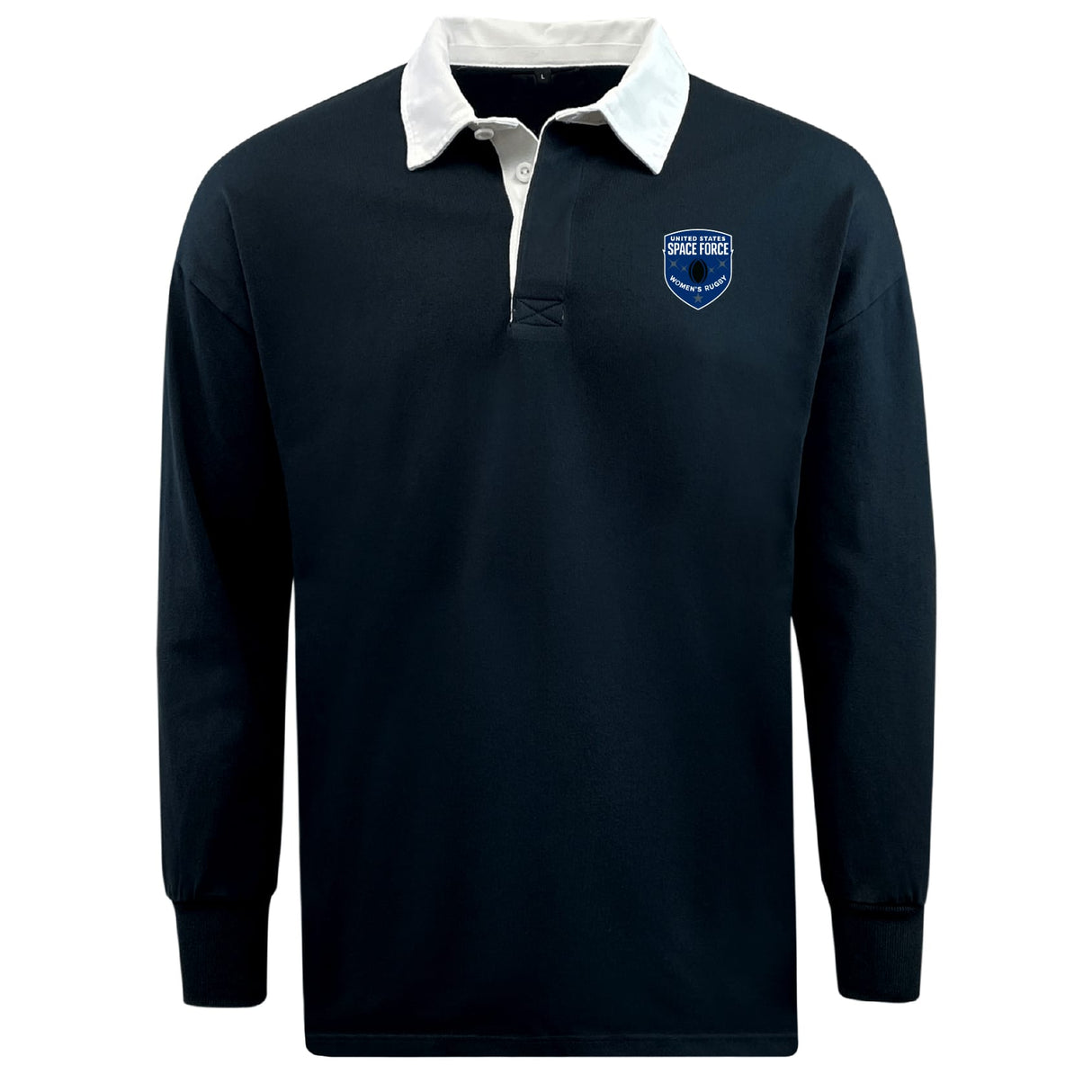 The EMB Mudoo US Space Force Women's Rugby Classic Long Sleeve Solid Rugby Jersey features a black design, white collar, and blue embroidered Space Force logo on the left chest for a timeless look.