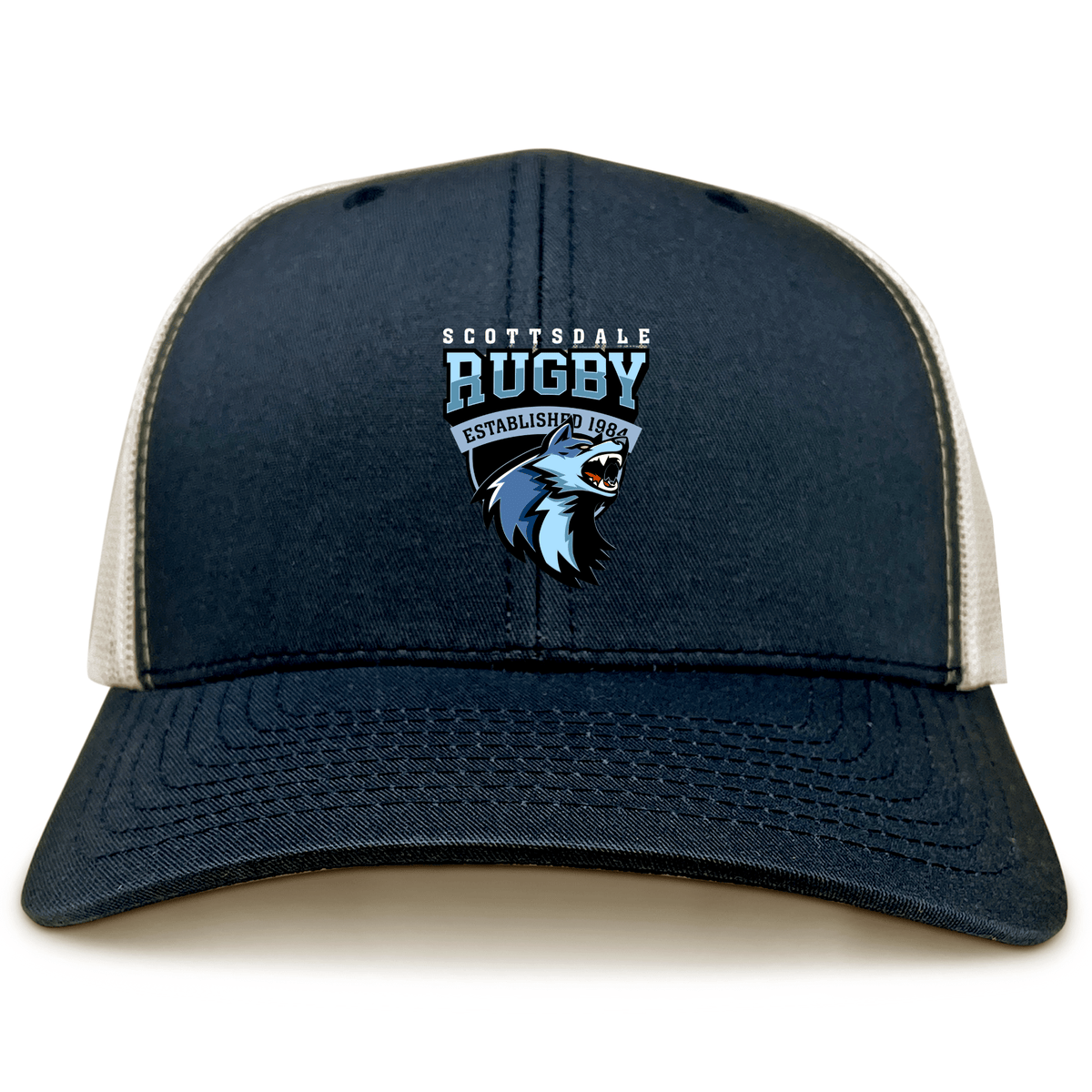 The Scottsdale Rugby Retro Trucker Cap by EMB S&S Activewear is a custom navy and beige hat featuring "Scottsdale Rugby Established 1984" with a bear mascot logo on the front and an adjustable snapback closure.