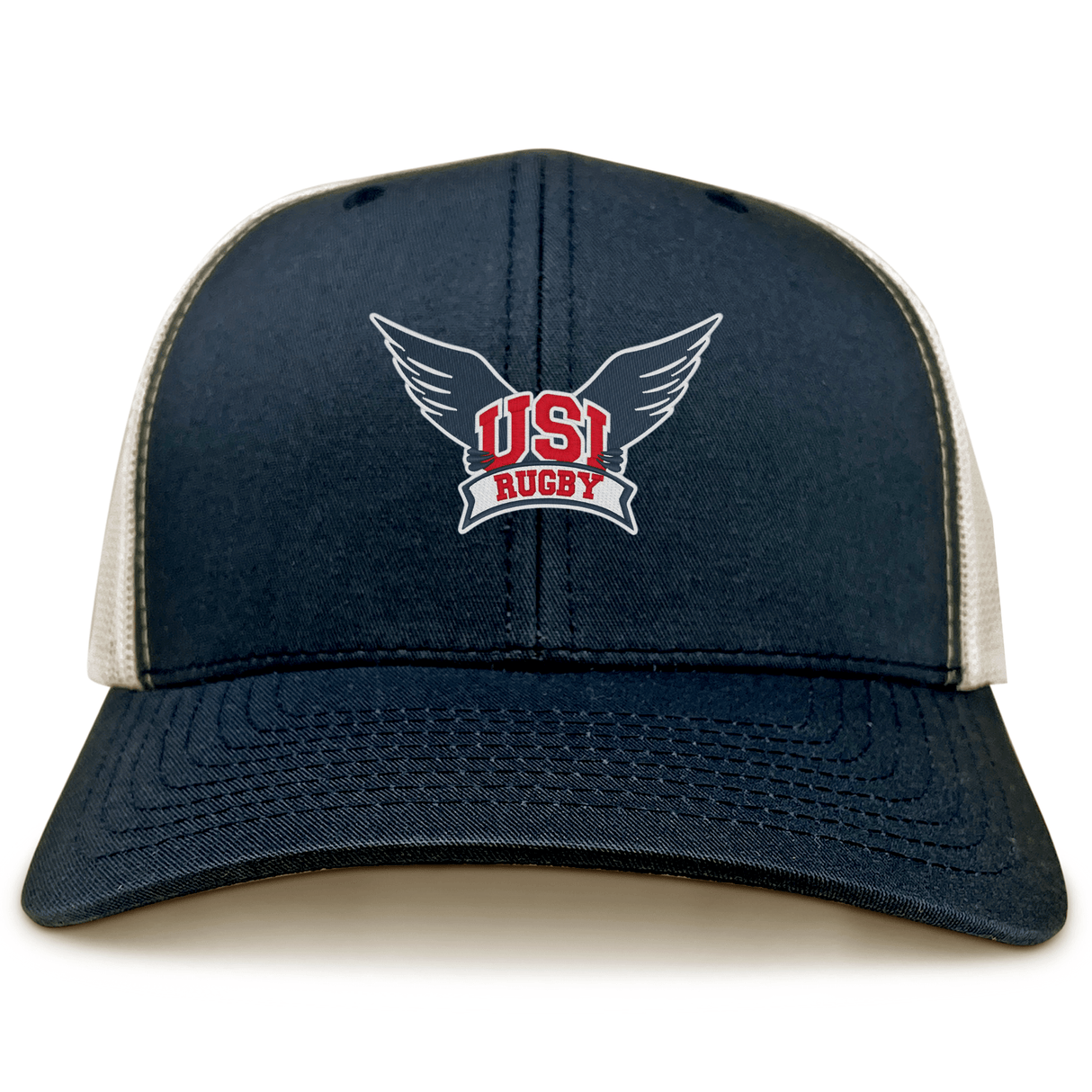 The EMB S&S Activewear University of Southern Indiana Retro Trucker Cap features navy blue and white panels, an embroidered USI Rugby winged logo on the front, and a classic snapback closure.