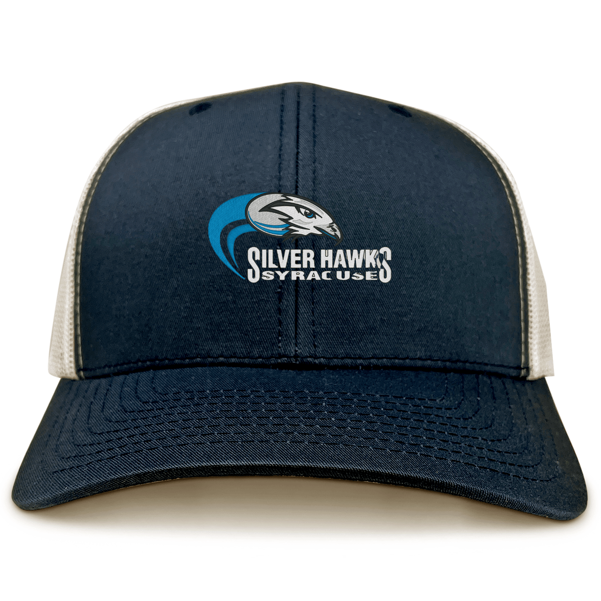 A navy blue Syracuse Silver Hawks Retro Trucker Cap from EMB Alpha Broder with a mesh back and snapback closure, featuring an embroidered "Silver Hawks Syracuse" logo with a stylized hawk head on the front.