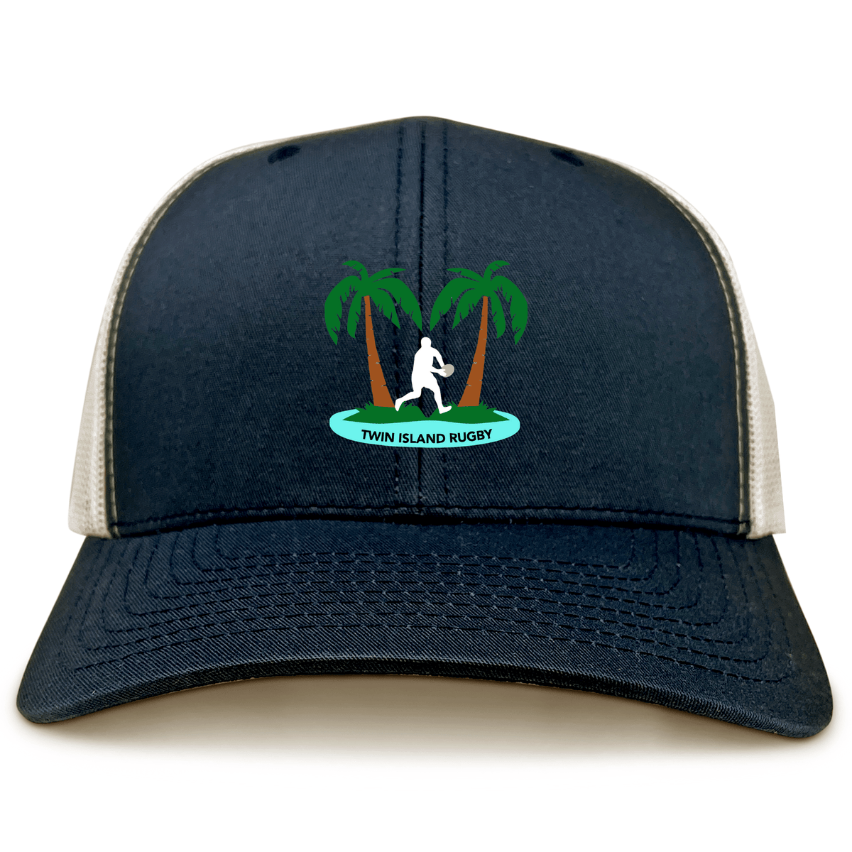 The Twin Island Rugby Retro Trucker Cap by EMB S&S Activewear features a navy and beige design with a rugby player silhouette, two palm trees, and "TWIN ISLAND RUGBY" on the front. Made from a soft poly-cotton blend with an adjustable snapback.