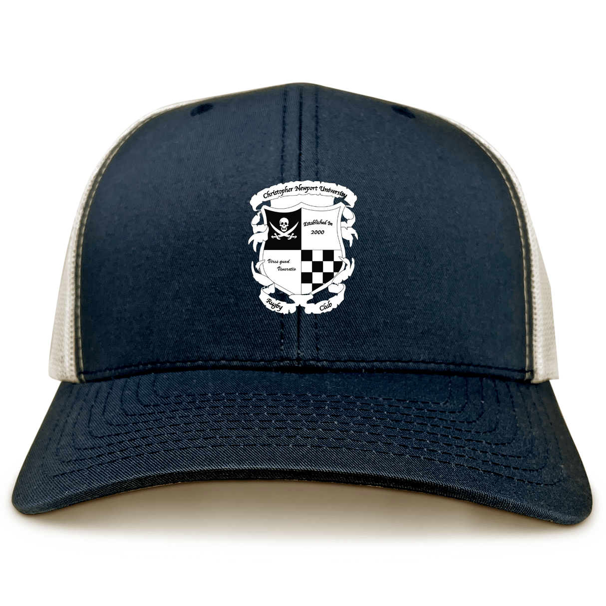 The Rugby Football Club at Christopher Newport University Retro Trucker Cap by EMB S&S Activewear features a navy and white design with a black and white crest on the front and an adjustable snapback closure.