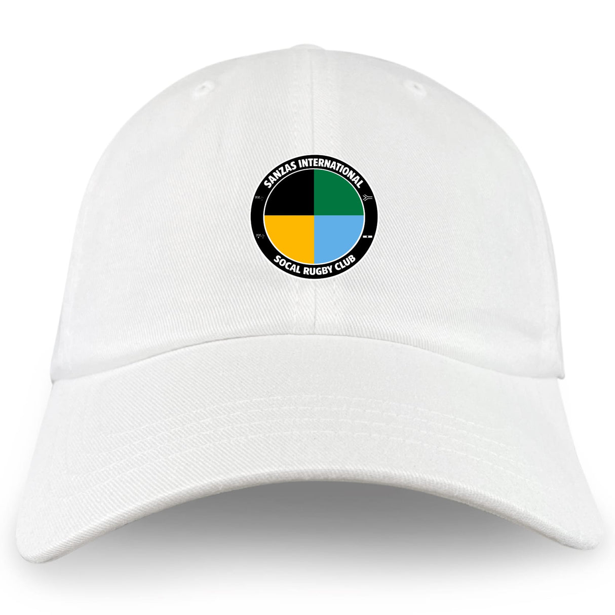 The EMB S&S Activewear SOCAL SANZAS RFC Adult Low-Profile Cotton Twill Dad Cap features embroidered team branding—a circular yellow, green, and black logo labeled "SANZAS INTERNATIONAL SOCAL RUGBY CLUB" on the front.