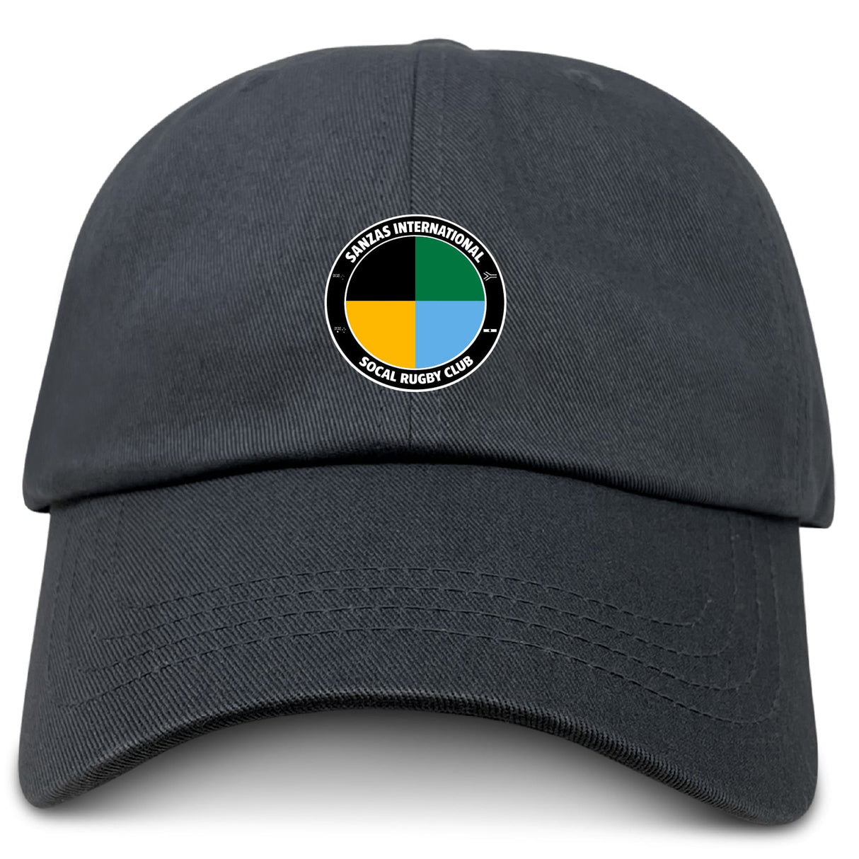 The SOCAL SANZAS RFC Adult Low-Profile Cotton Twill Dad Cap by EMB S&S Activewear is a black cap with a circular logo in yellow, black, teal, and tan sections and embroidered "Samuels International Social Rugby Club" branding.